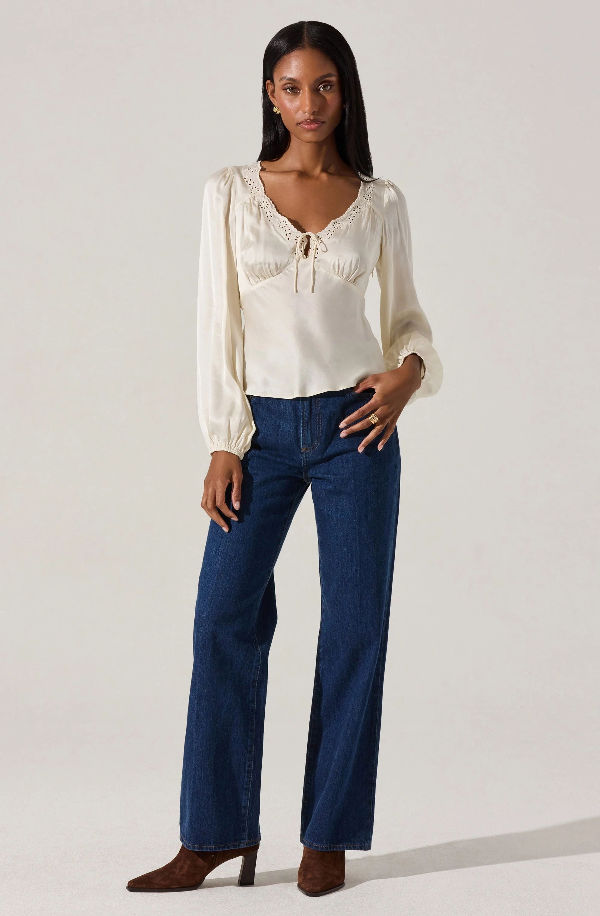 Roya Eyelet Trim Satin Top