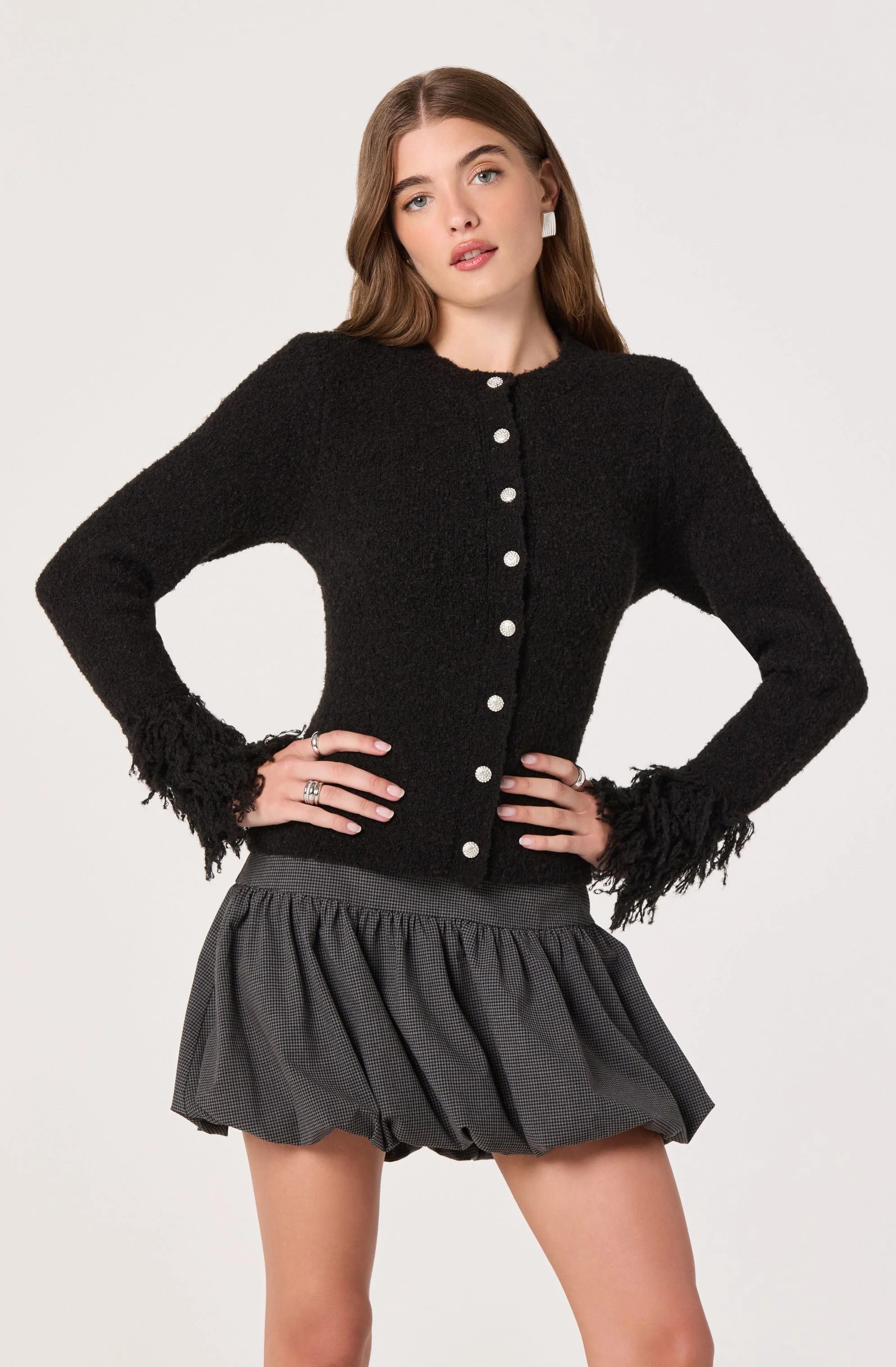 Fringe Sleeve Crewneck Cardigan