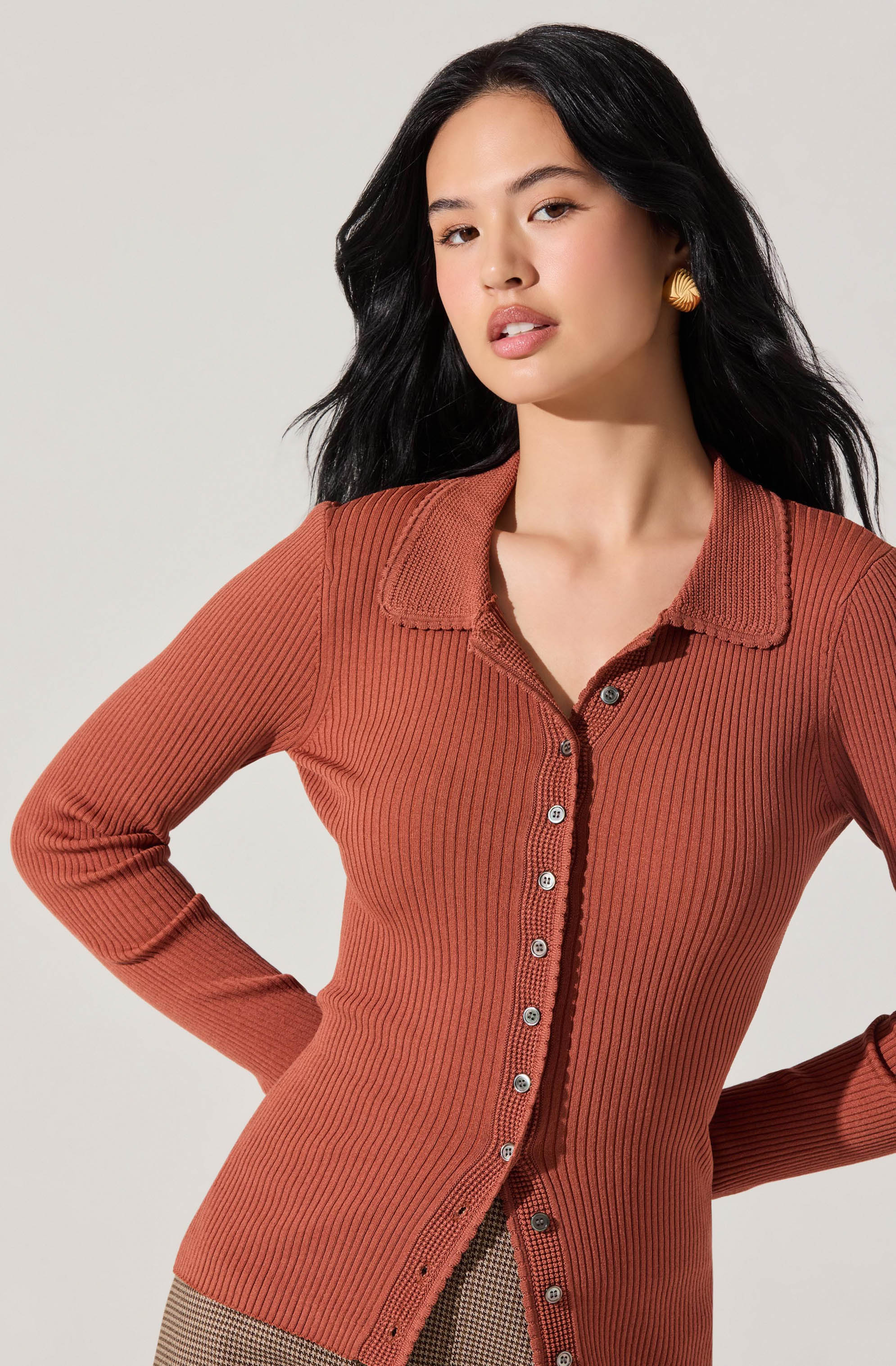 Keren Collared Ribbed Knit Cardigan