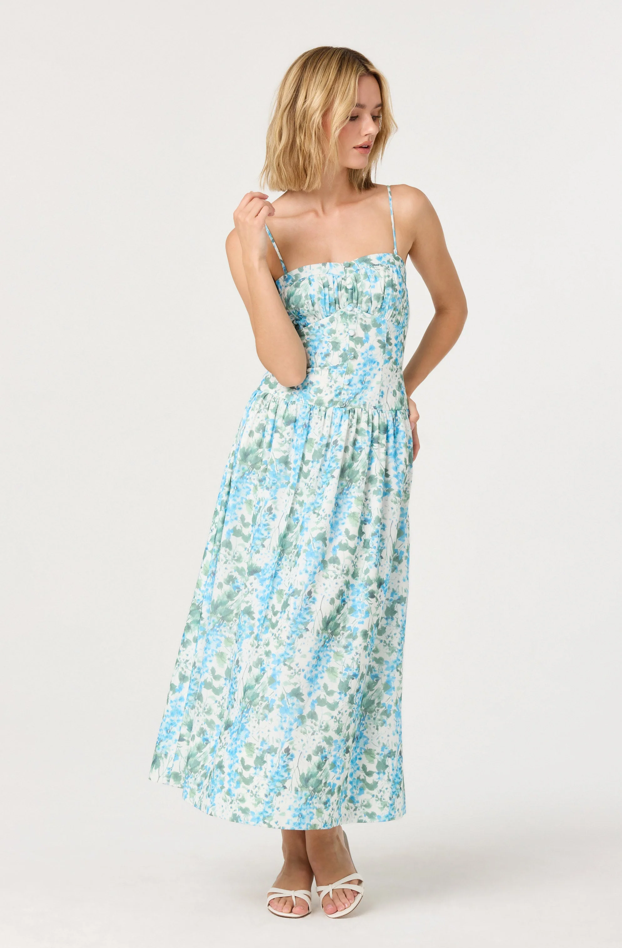 Capria Pleated Milkmaid Midi Dress