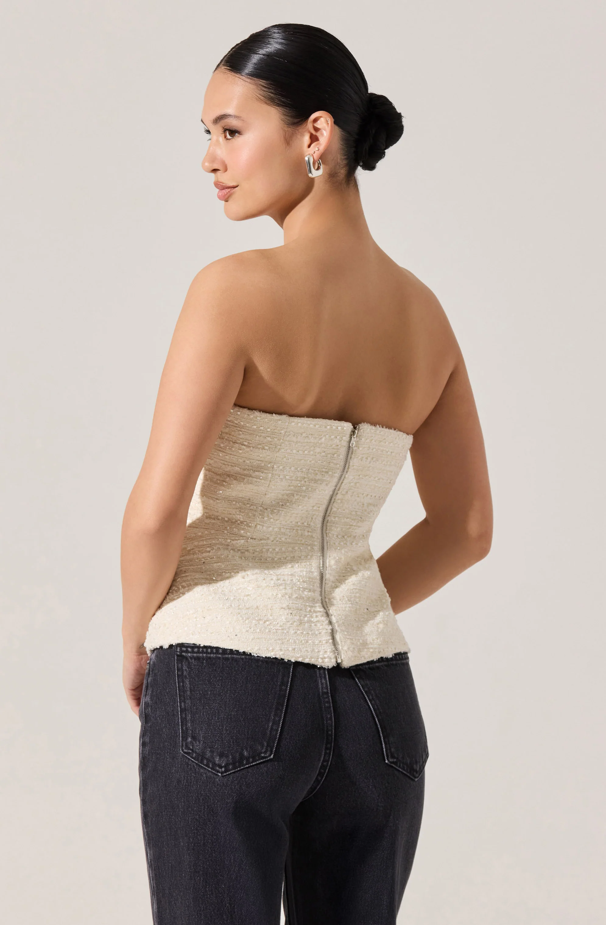 Moina Asymmetrical Strapless Tweed Top