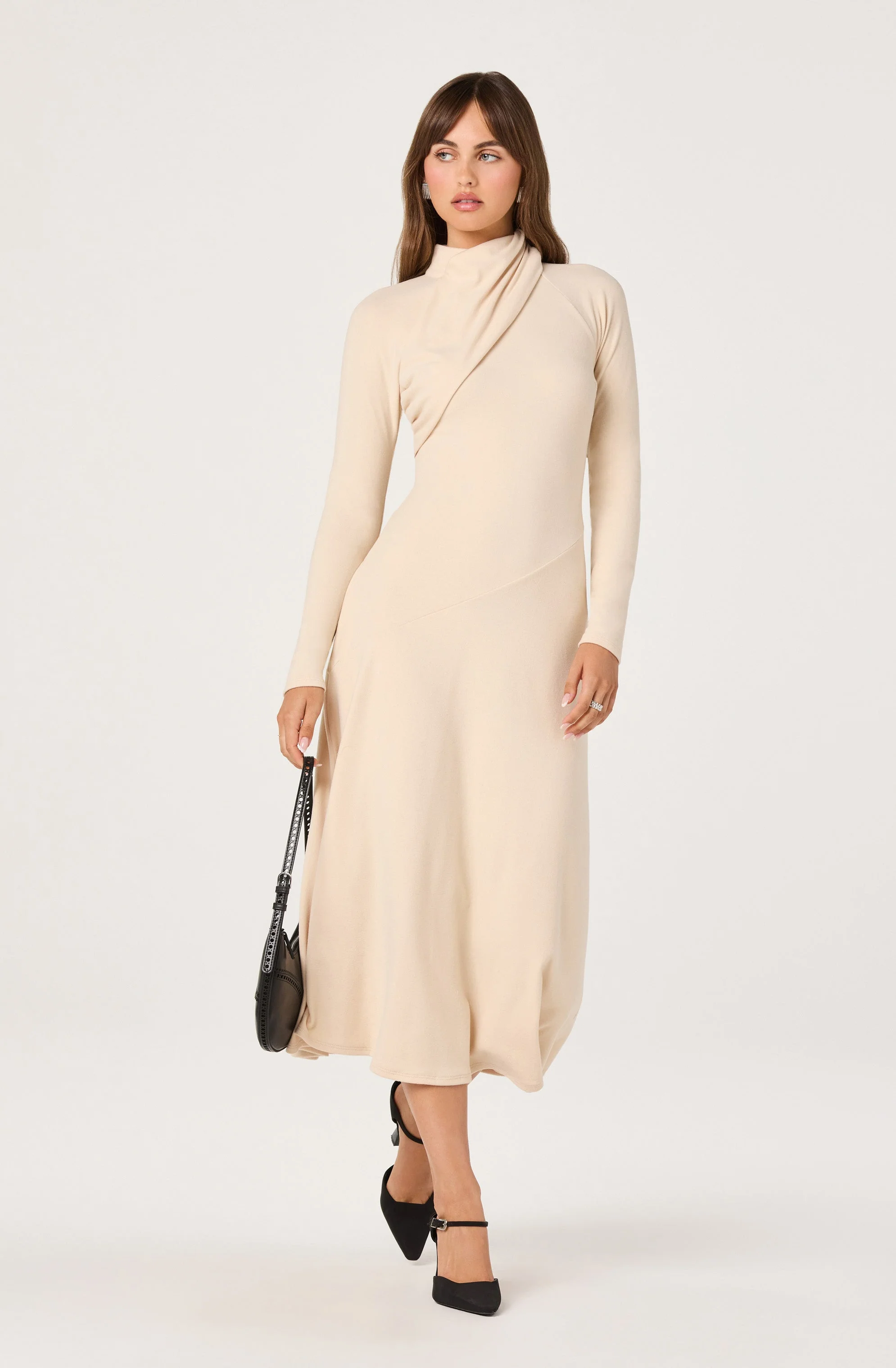 Asymmetric Draped Mock Neck Dress