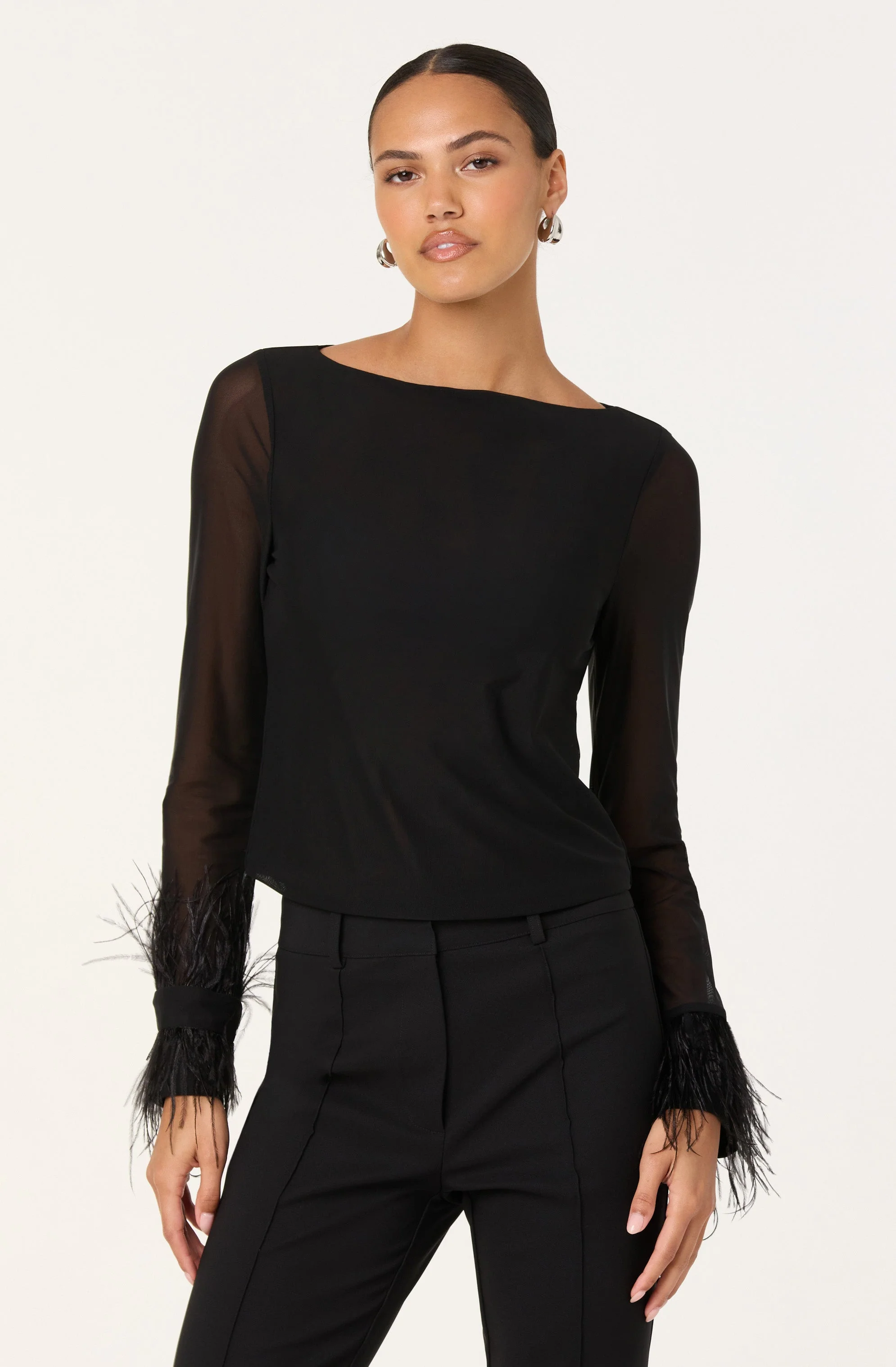 Brisa Mesh Feather Trim Top
