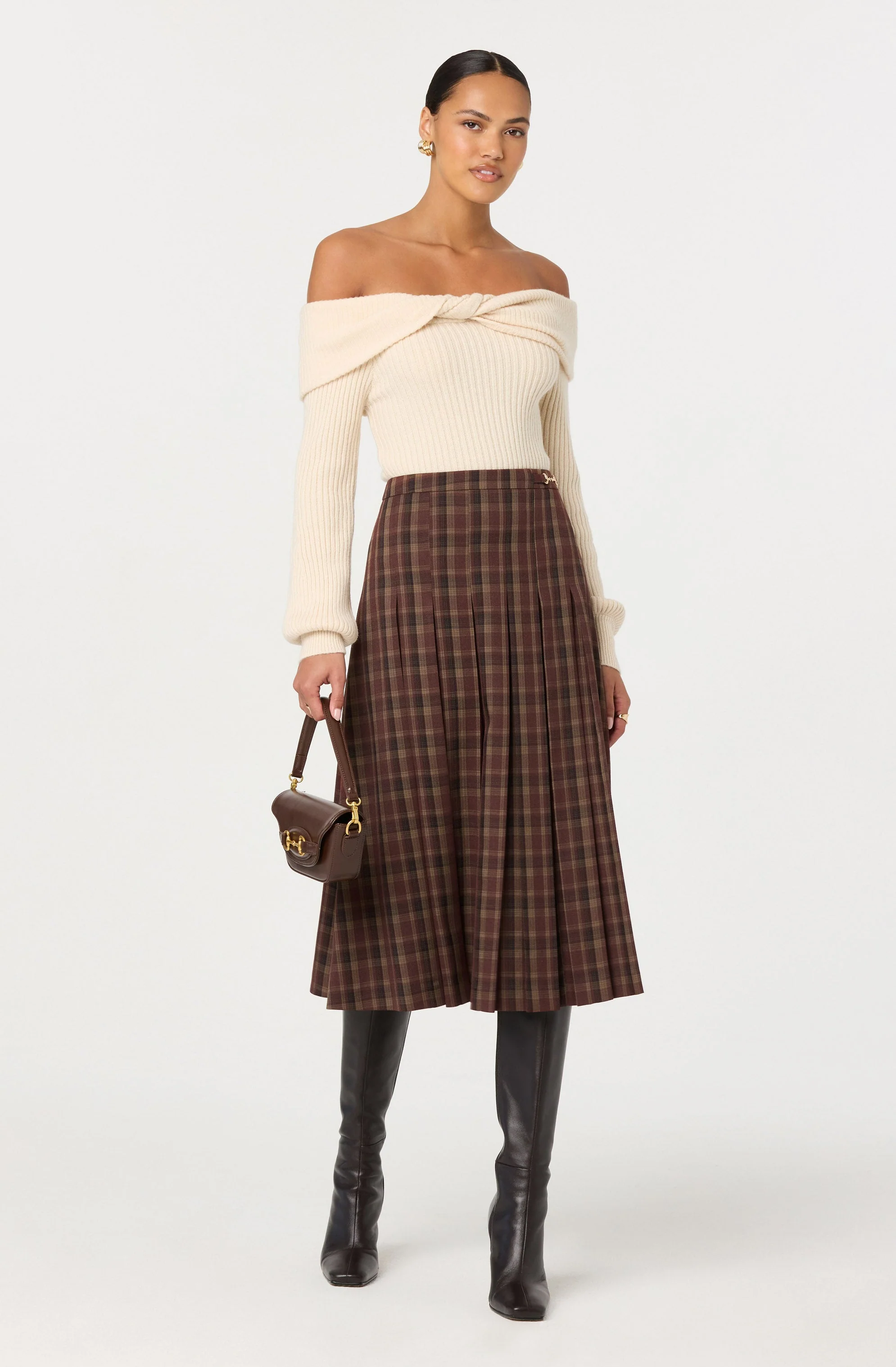 Vena Pleated Plaid Midi Skirt