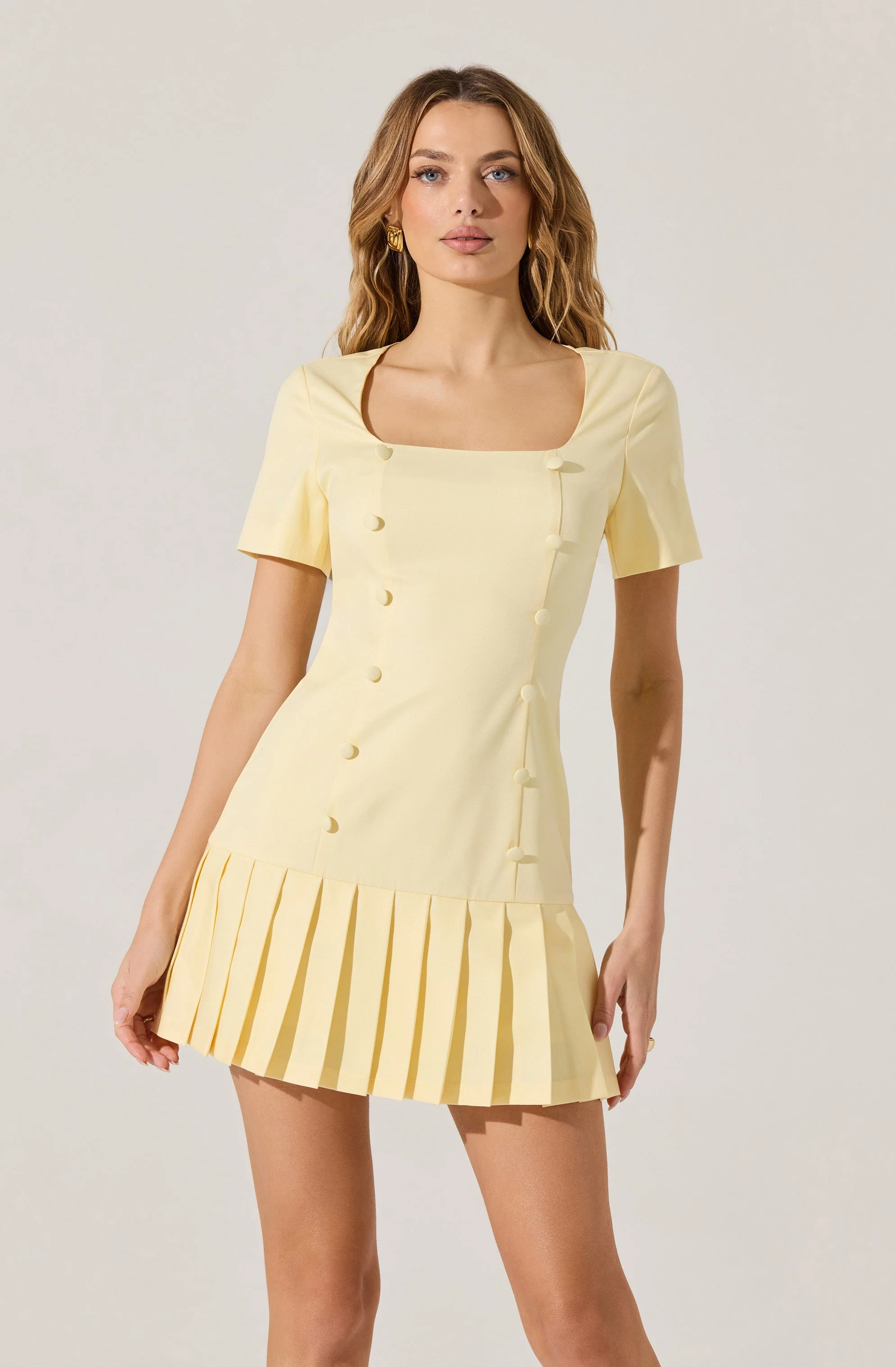 Pleated Button Mini Dress