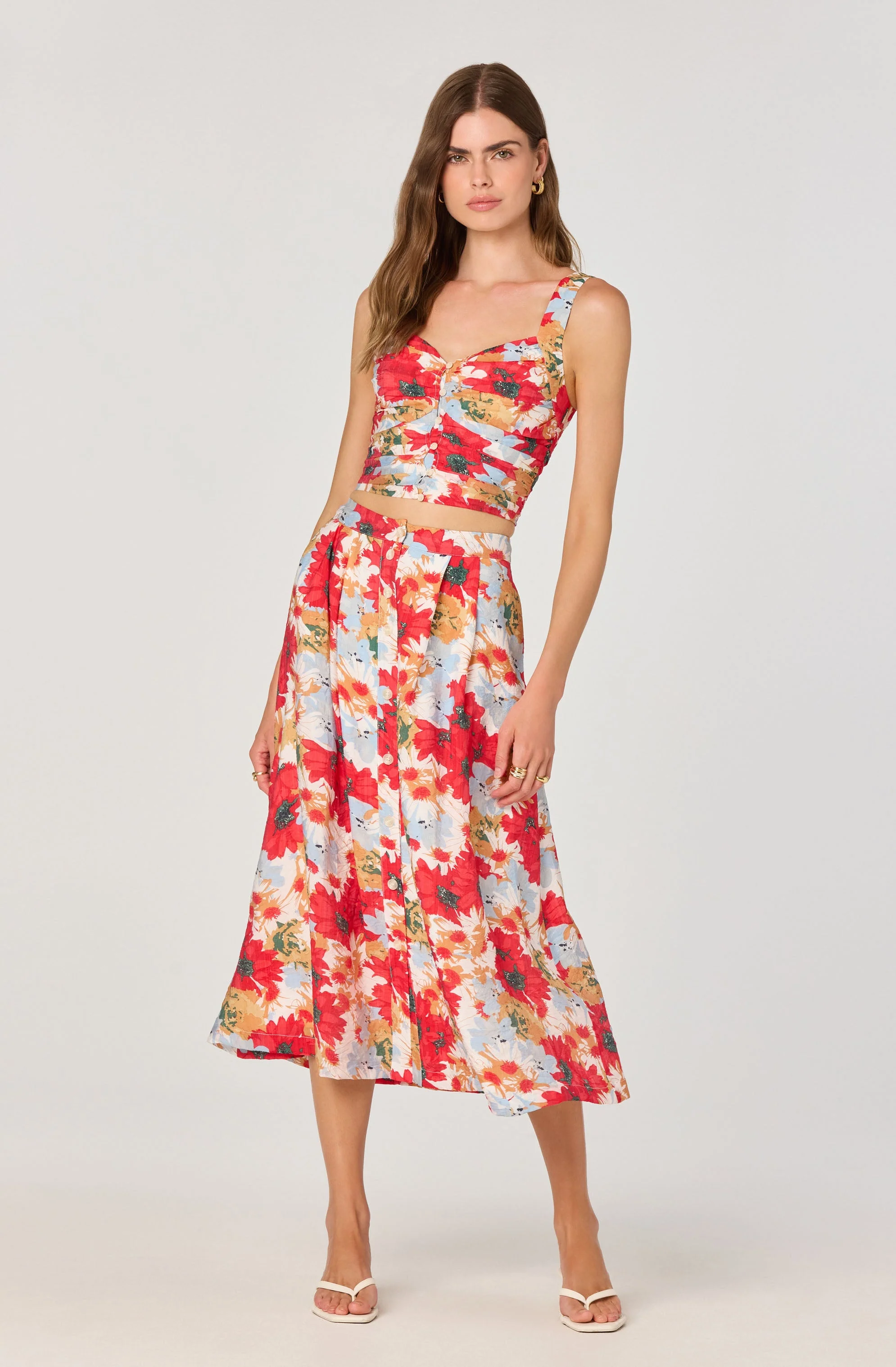 Button Front Pleated Midi Skirt