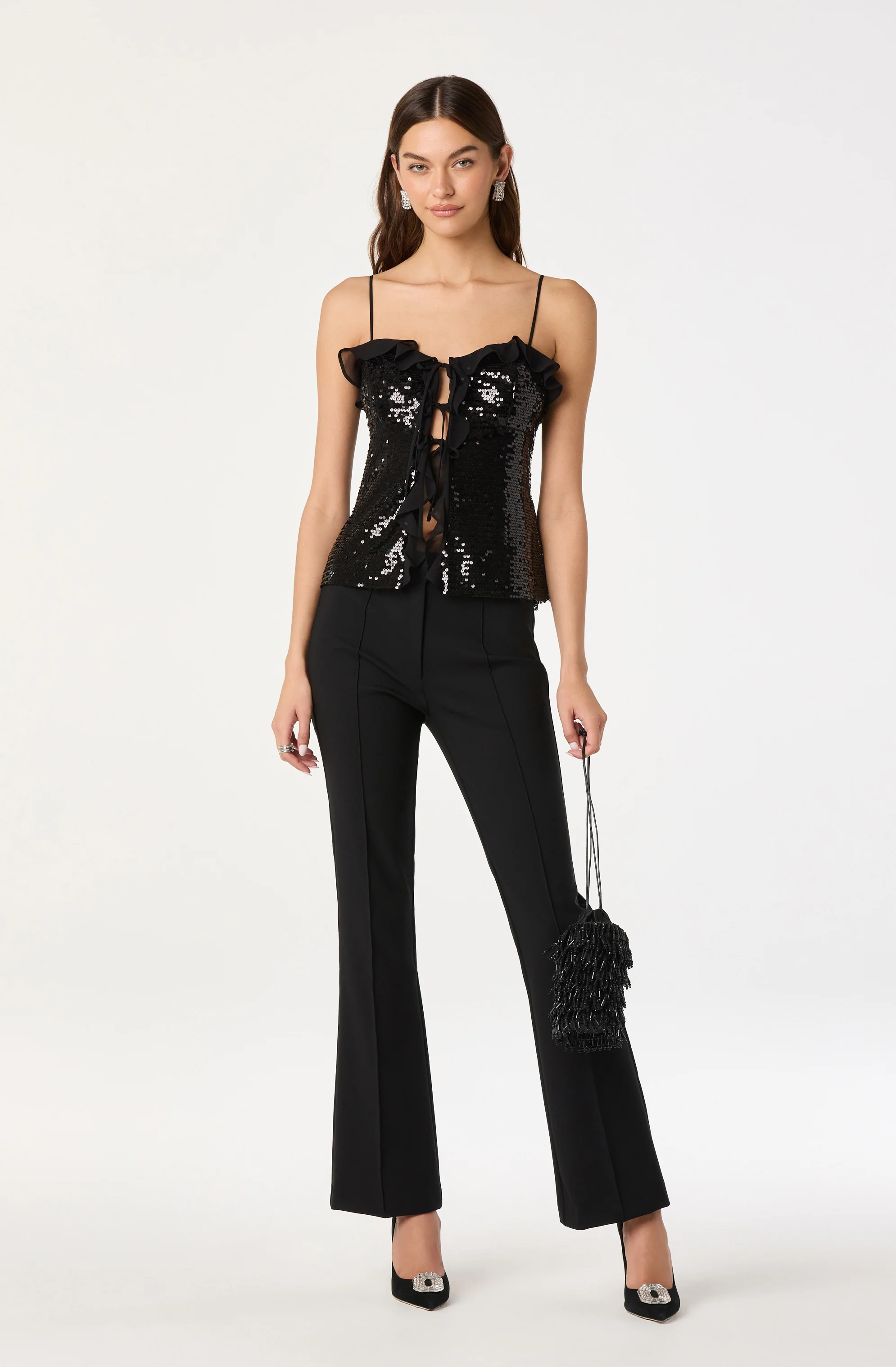 Sequin Ruffle Trim Tie Top