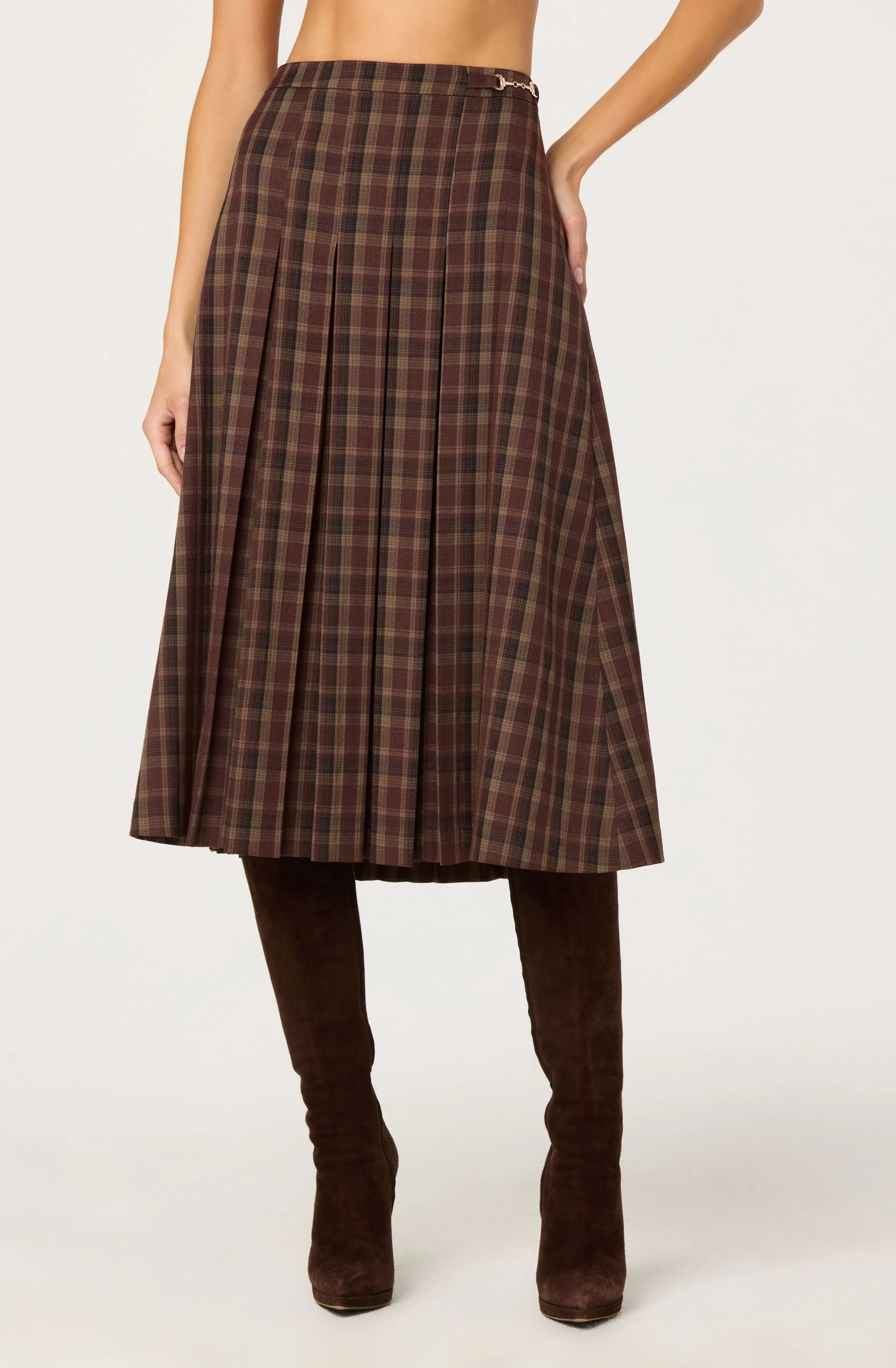 Vena Pleated Plaid Midi Skirt