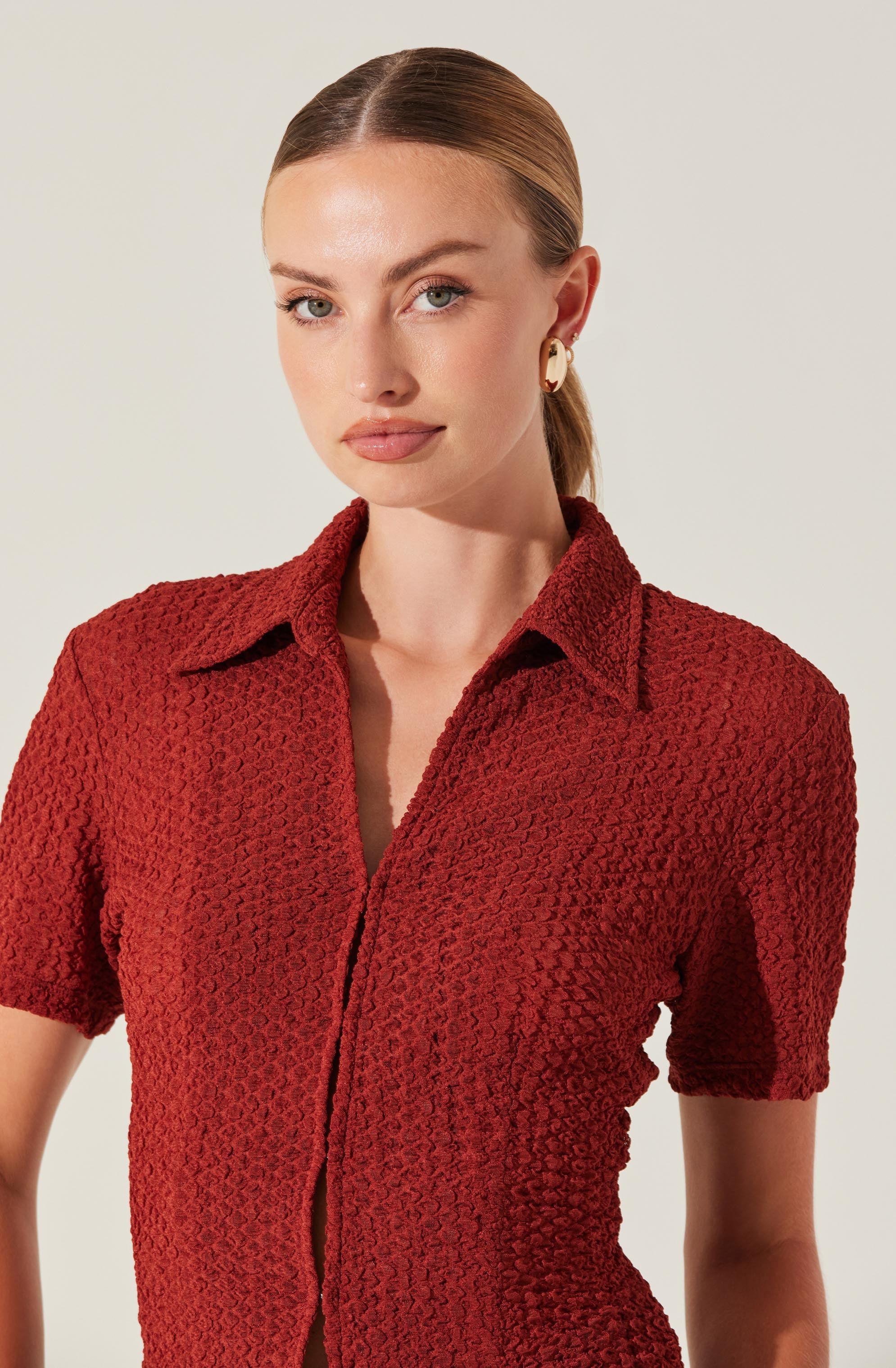 Textured Collared Hook-Closure Top