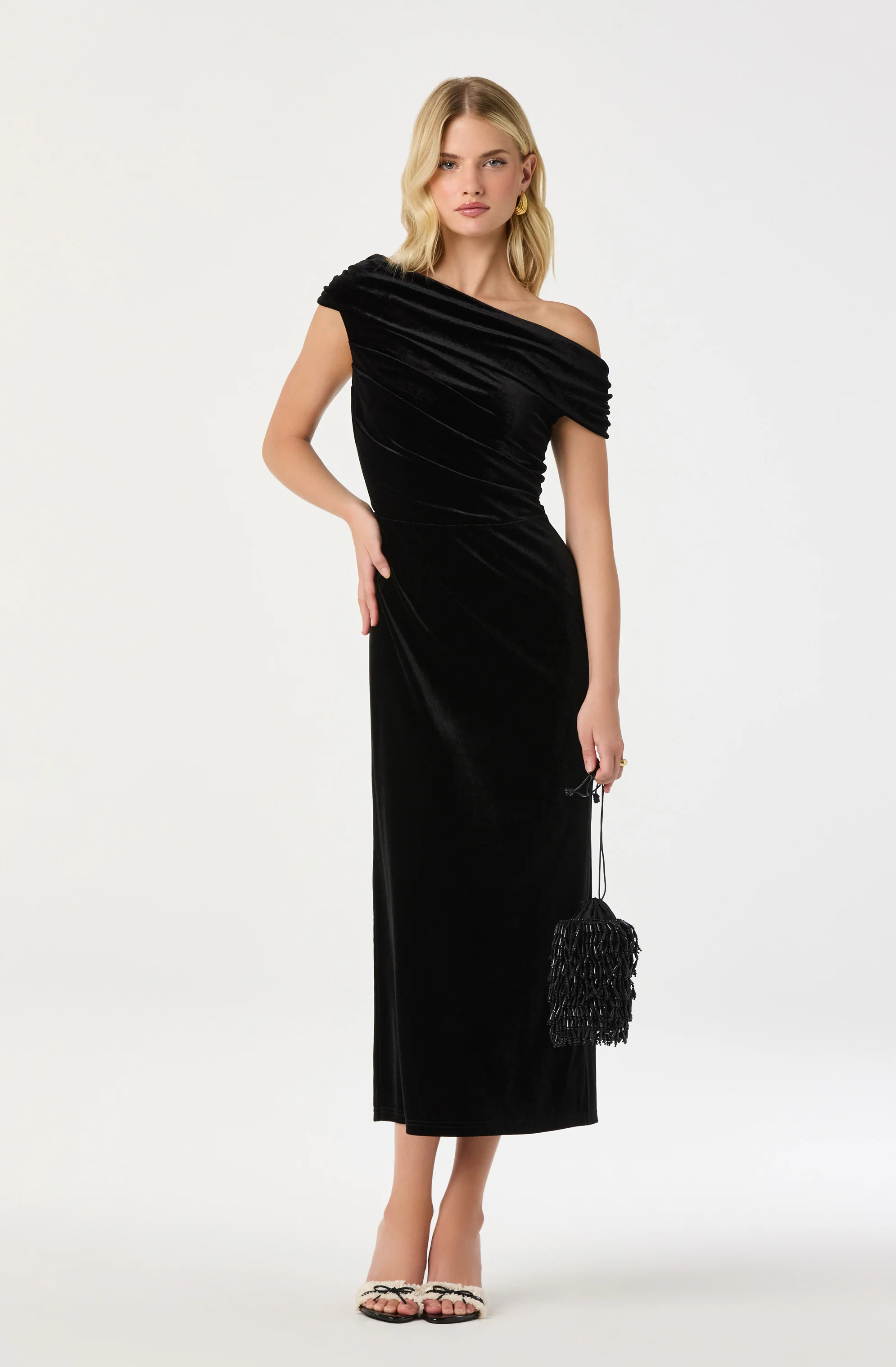 Velvet Off Shoulder Midi Dress