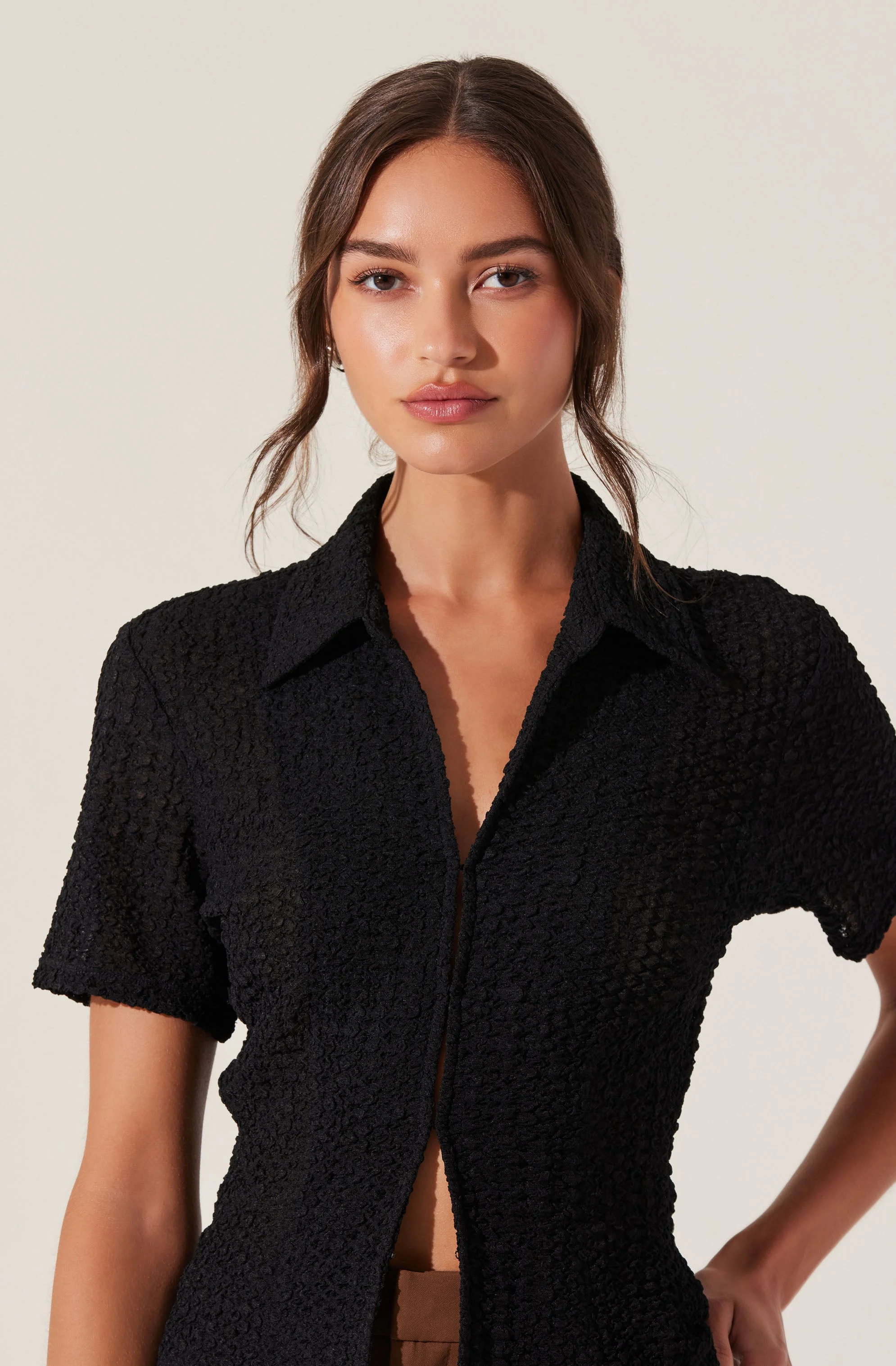 Textured Collared Hook-Closure Top