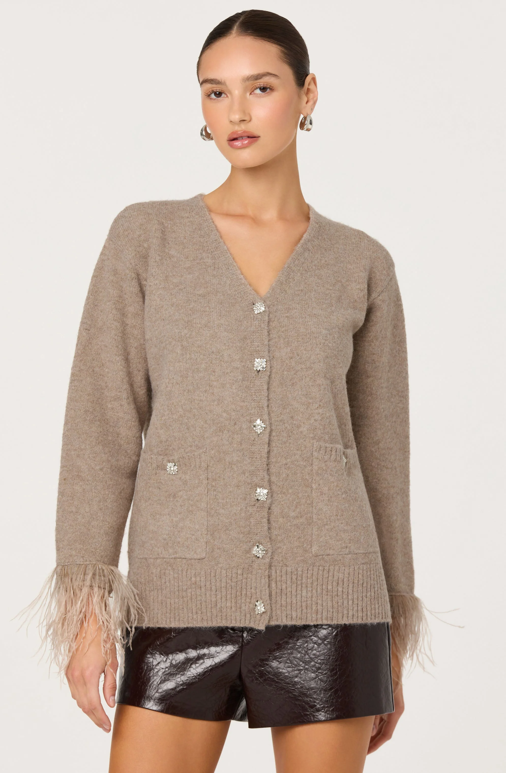 Grie Embellished Feather Trim Cardigan