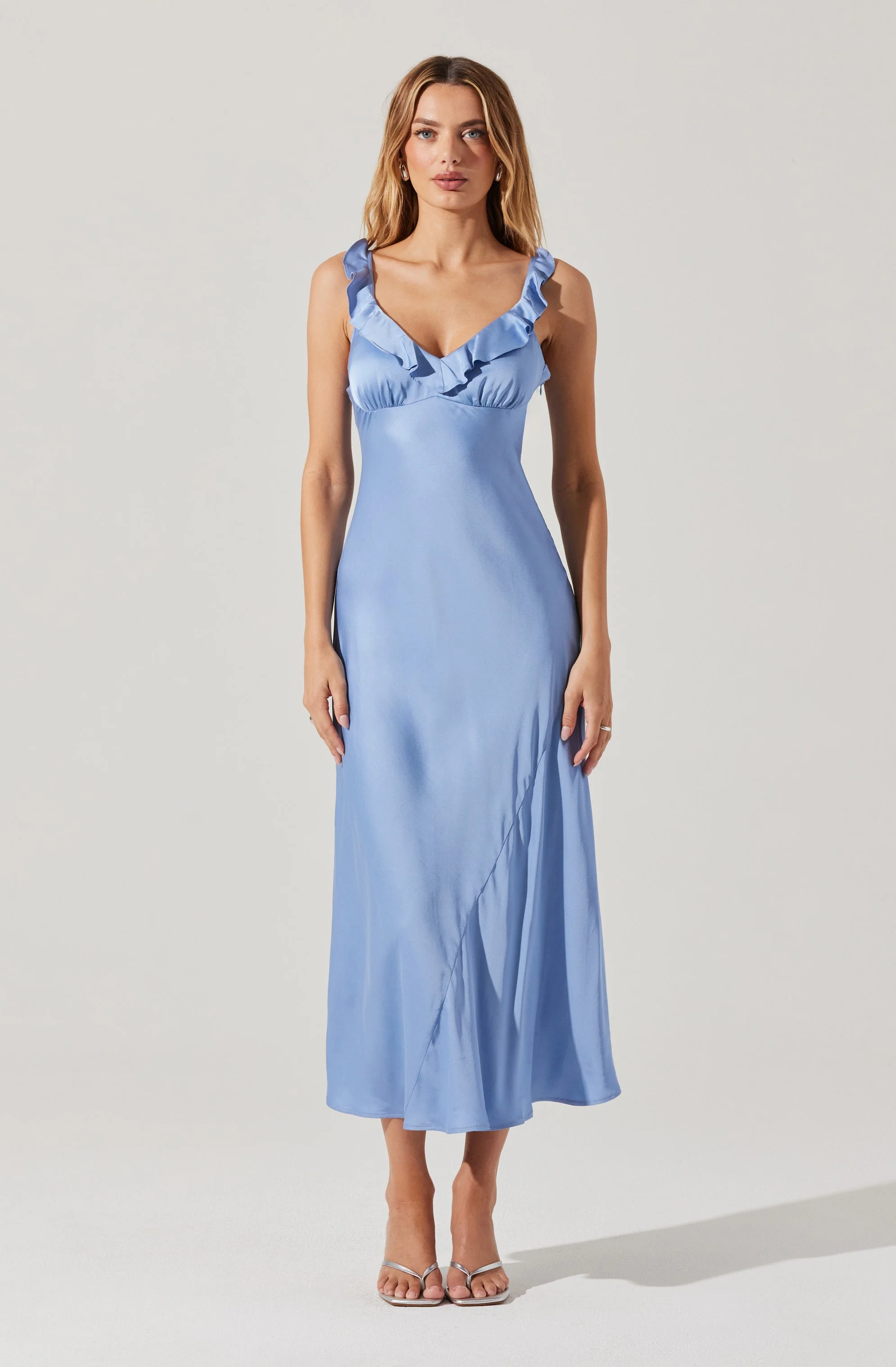 Zoie Satin Ruffle Midi Dress