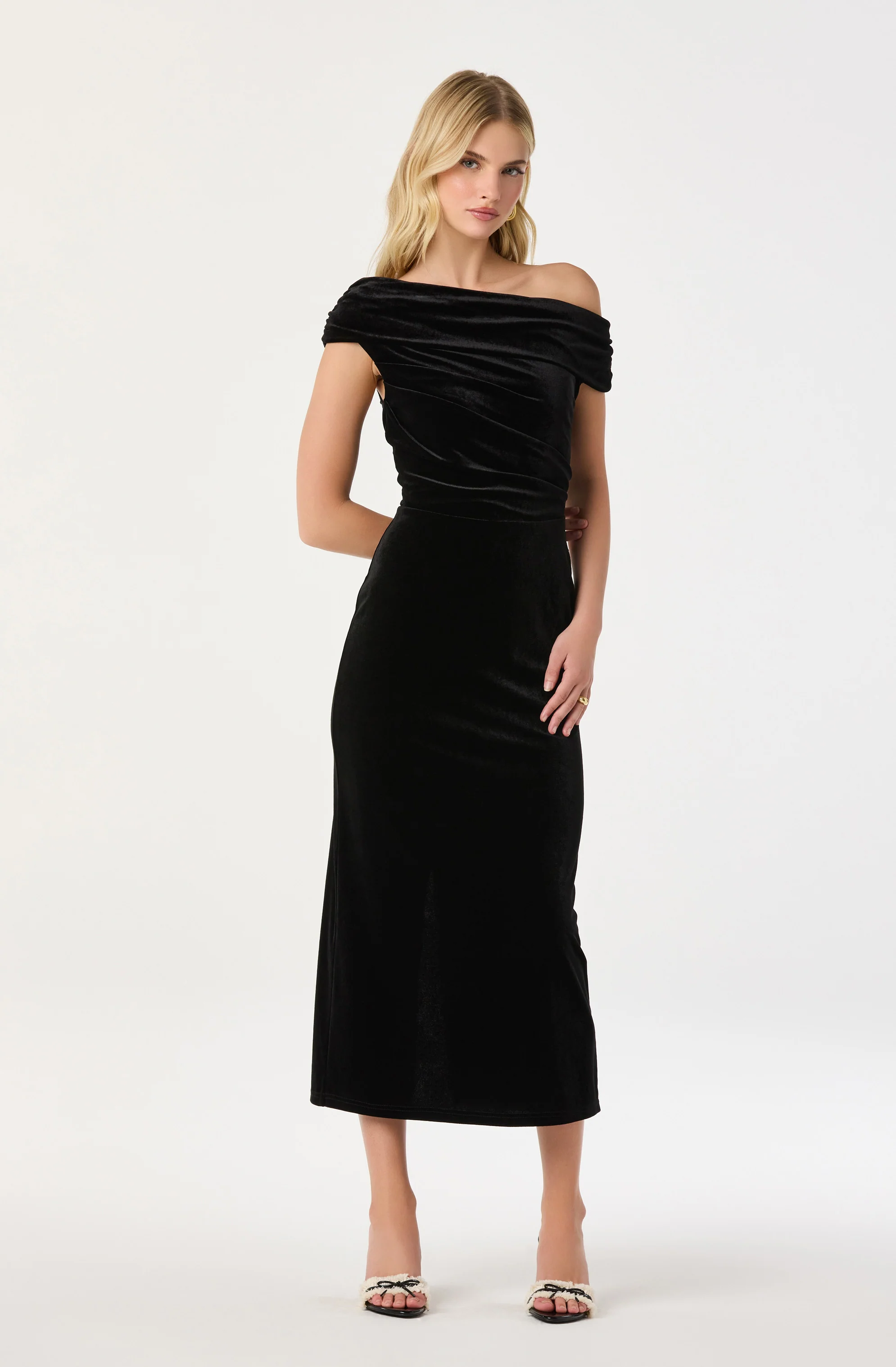 Velvet Off Shoulder Midi Dress