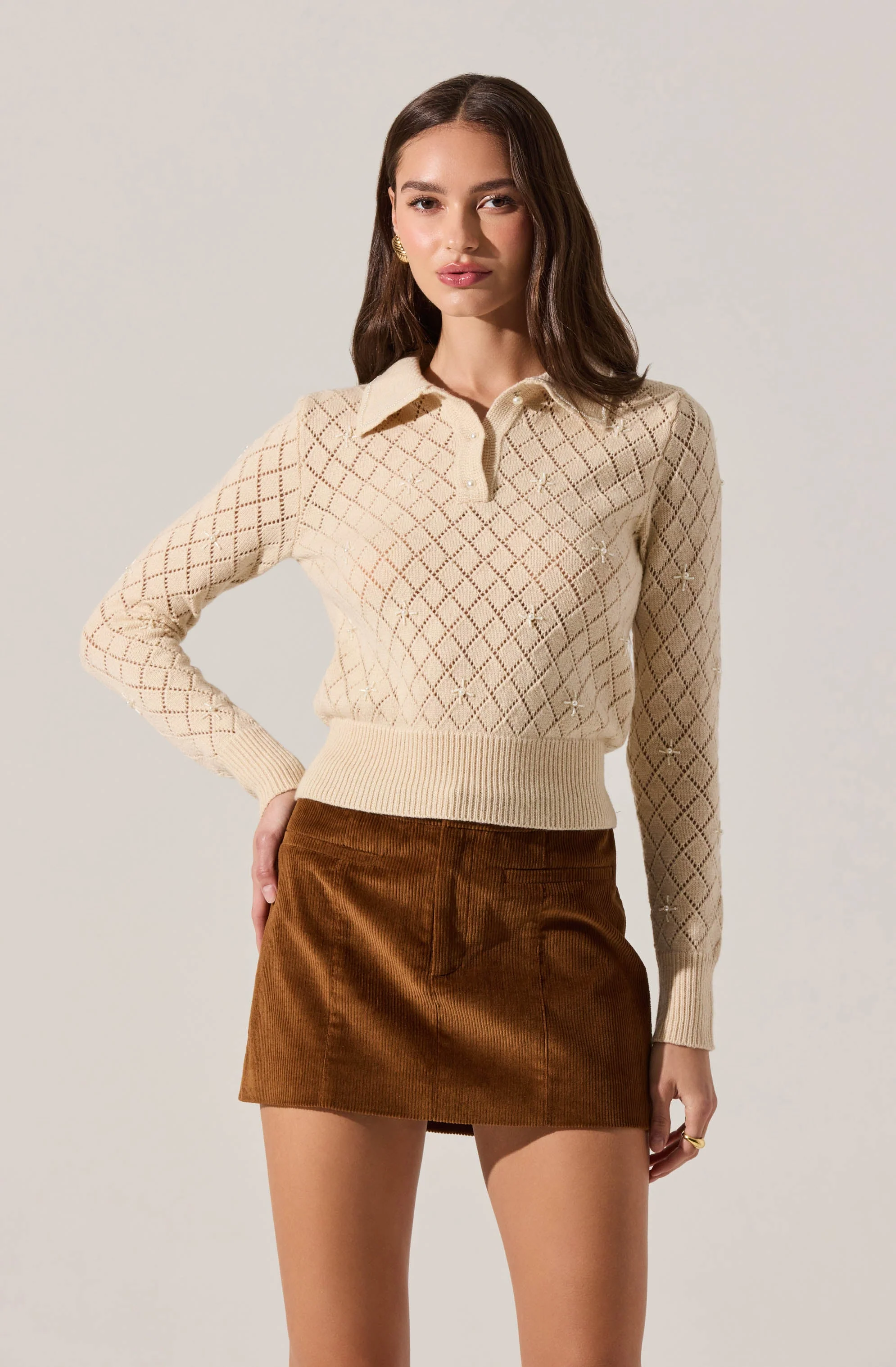 Aspyn Embellished Pointelle Polo Sweater