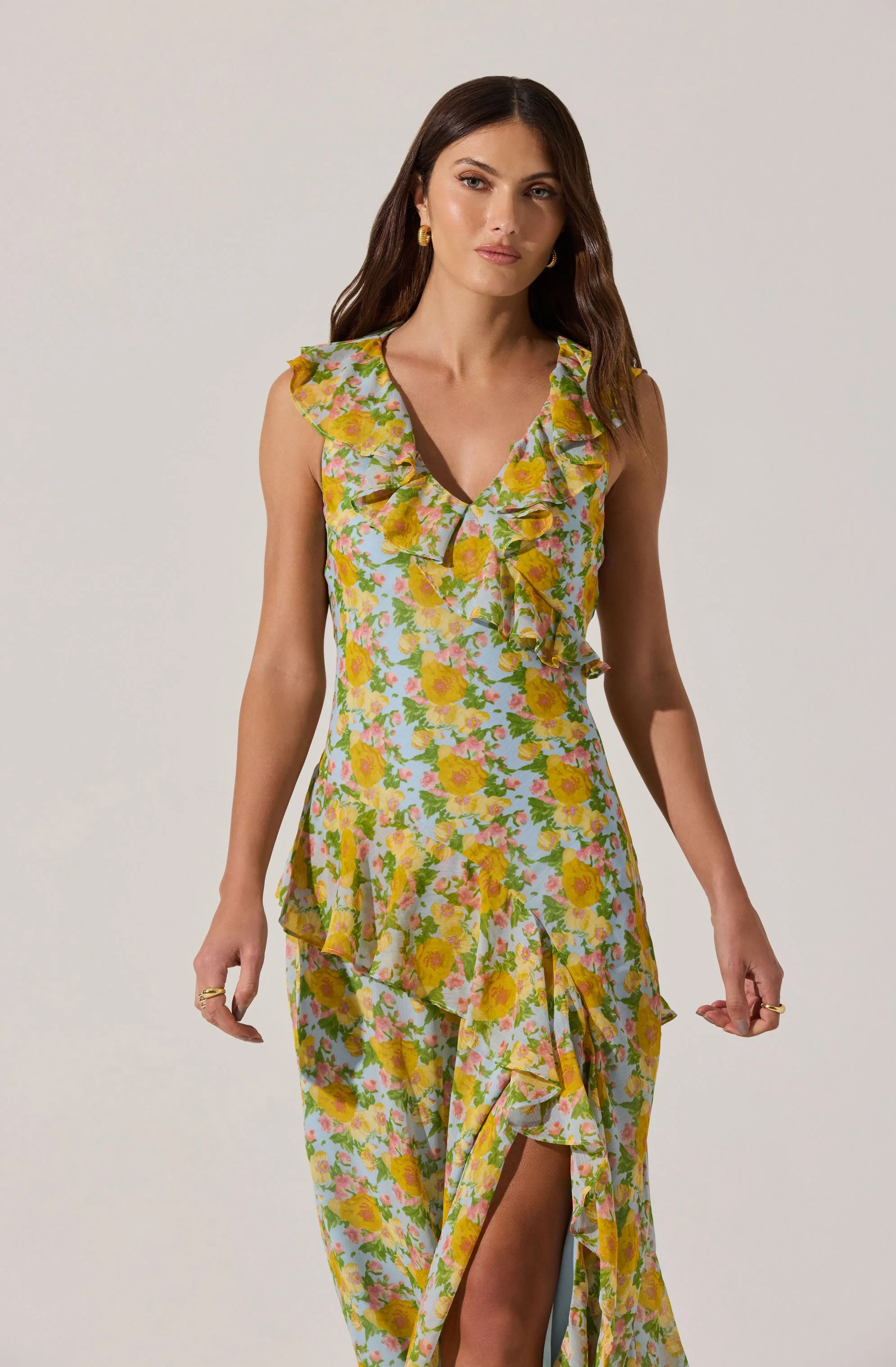 V-neck Floral Ruffle Midi Dress