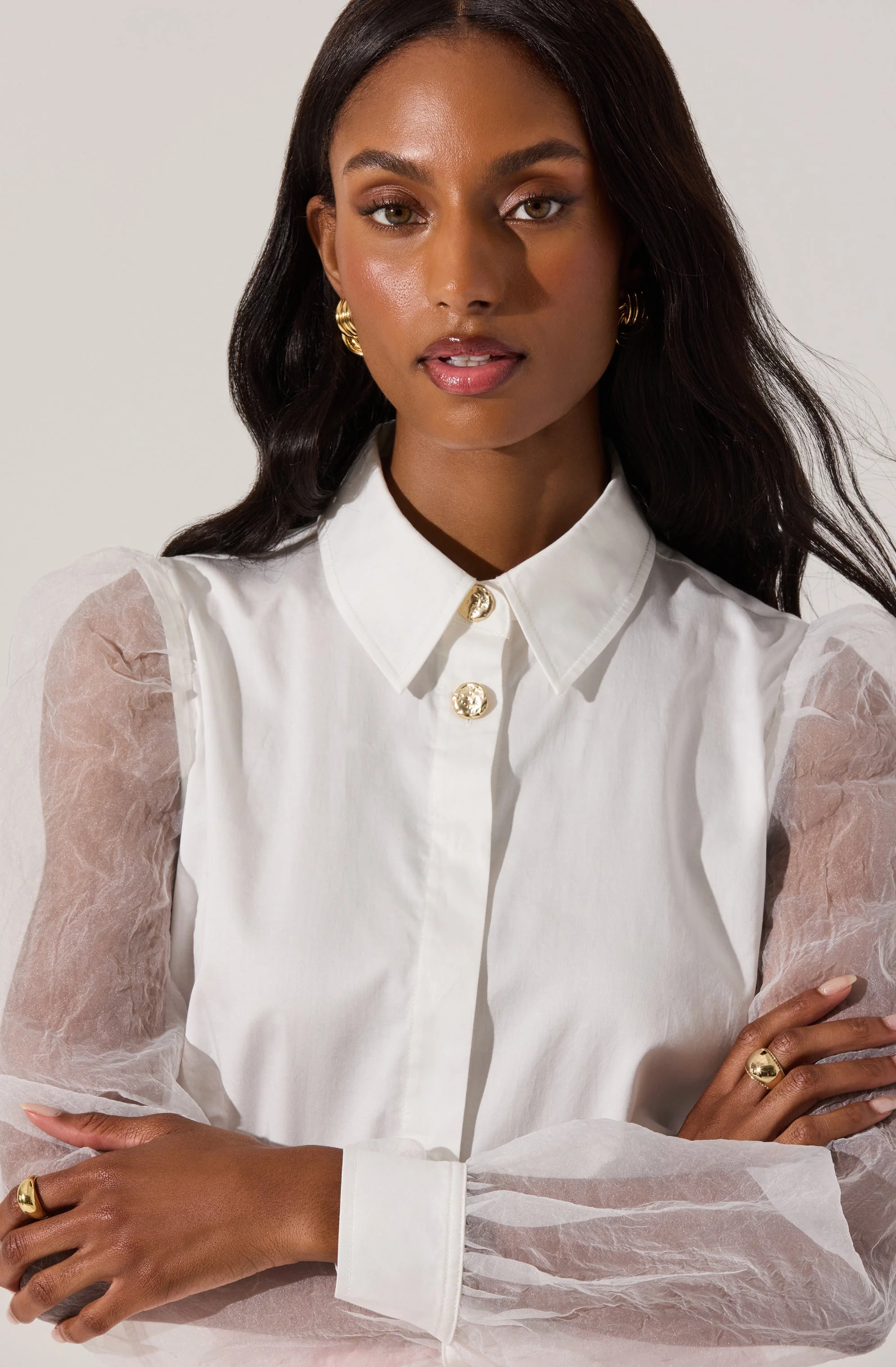 Sheer Sleeve Button Up Shirt