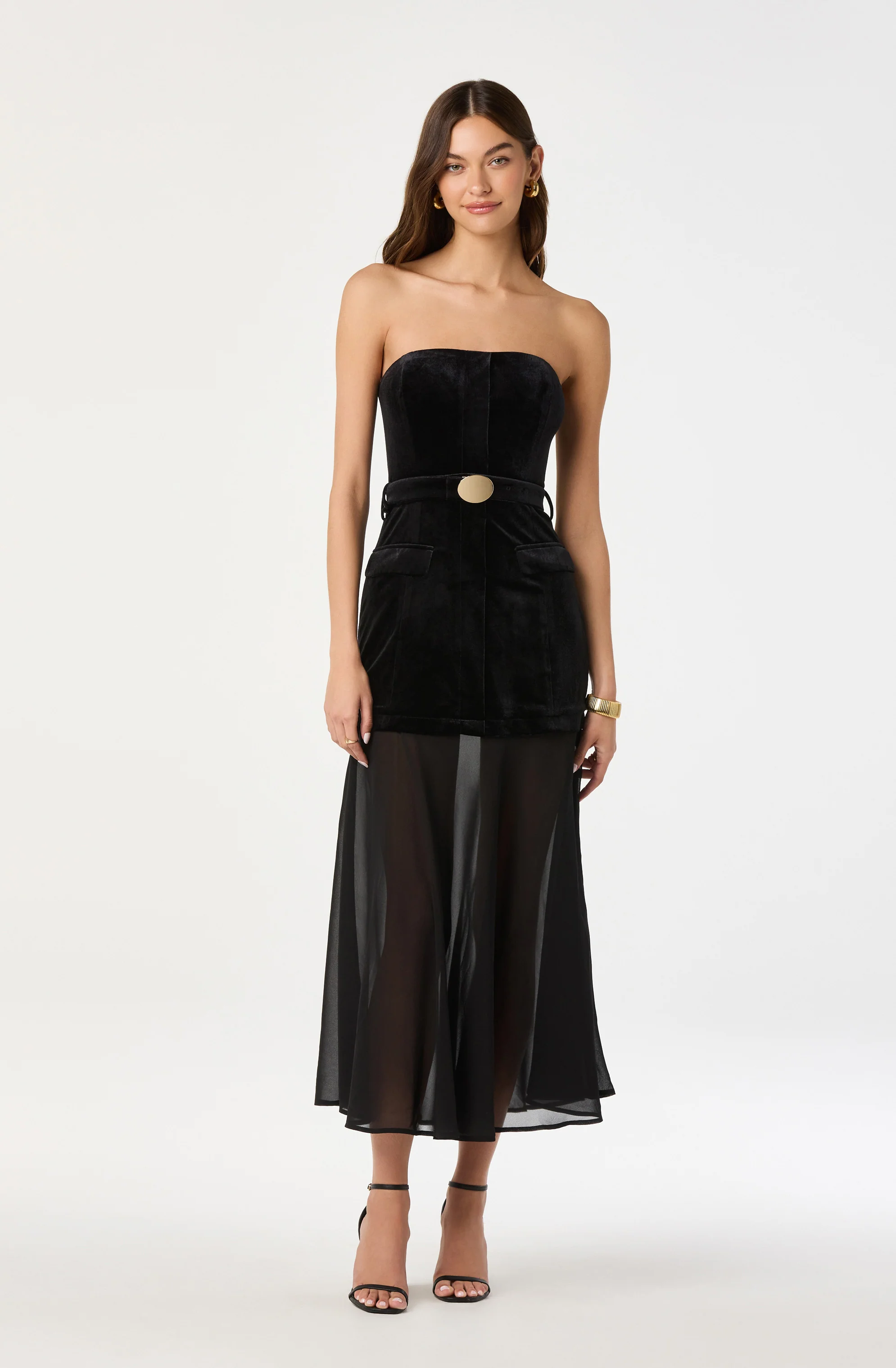 Strapless Contrast Velvet Belted Dress