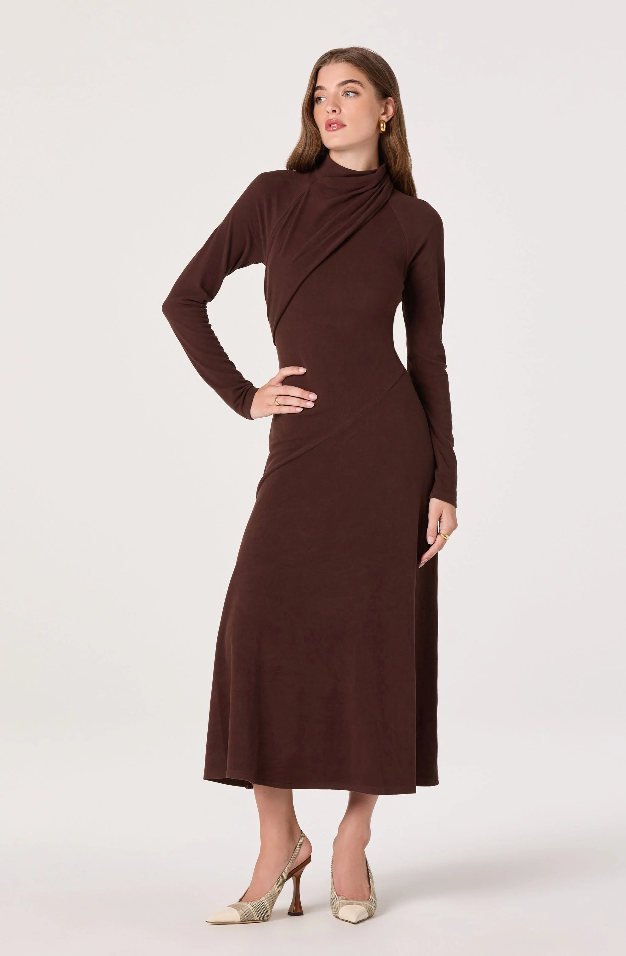 Asymmetric Draped Mock Neck Dress