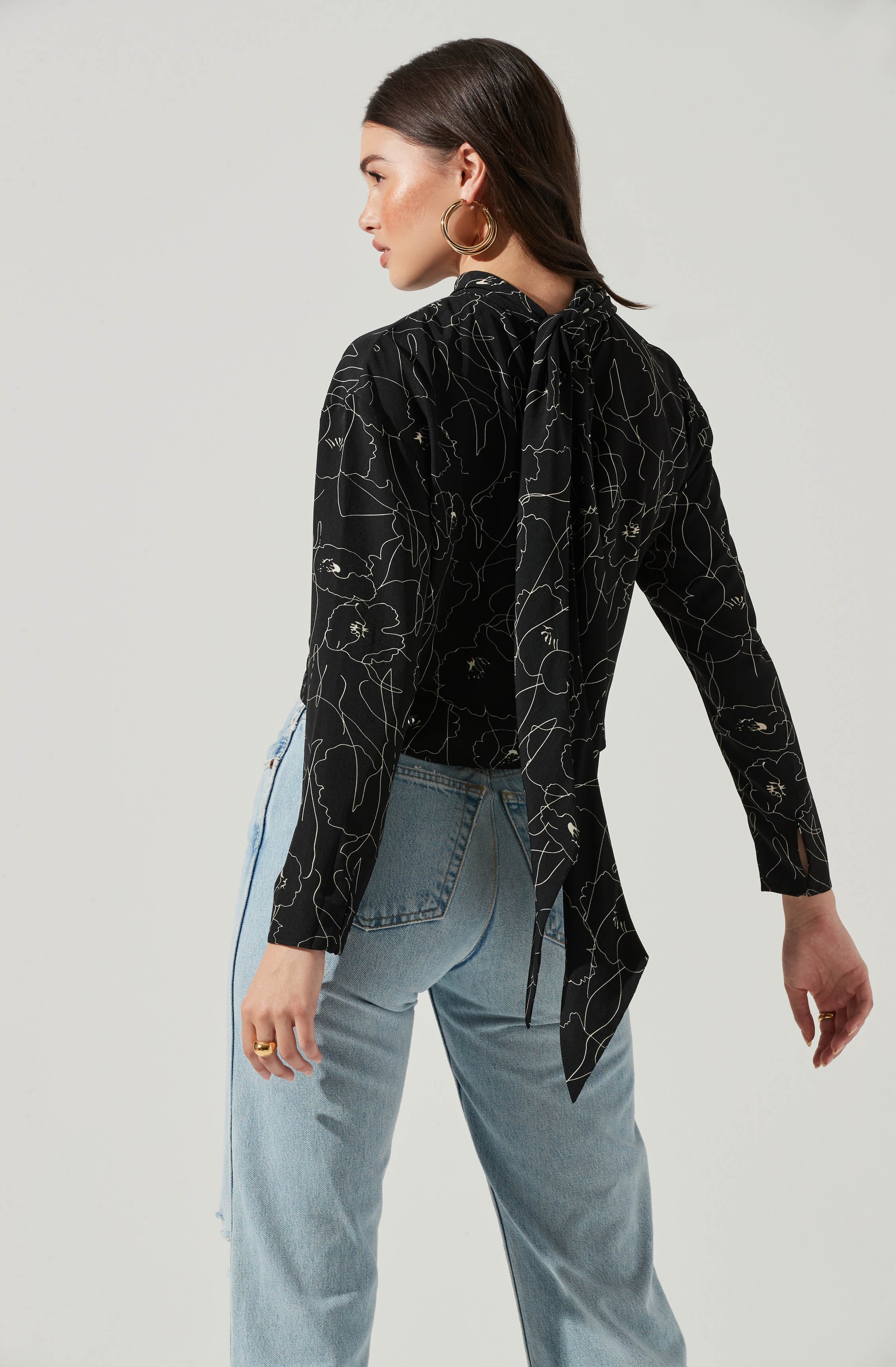 Long Sleeve Drape Tie Back Neck Back Top