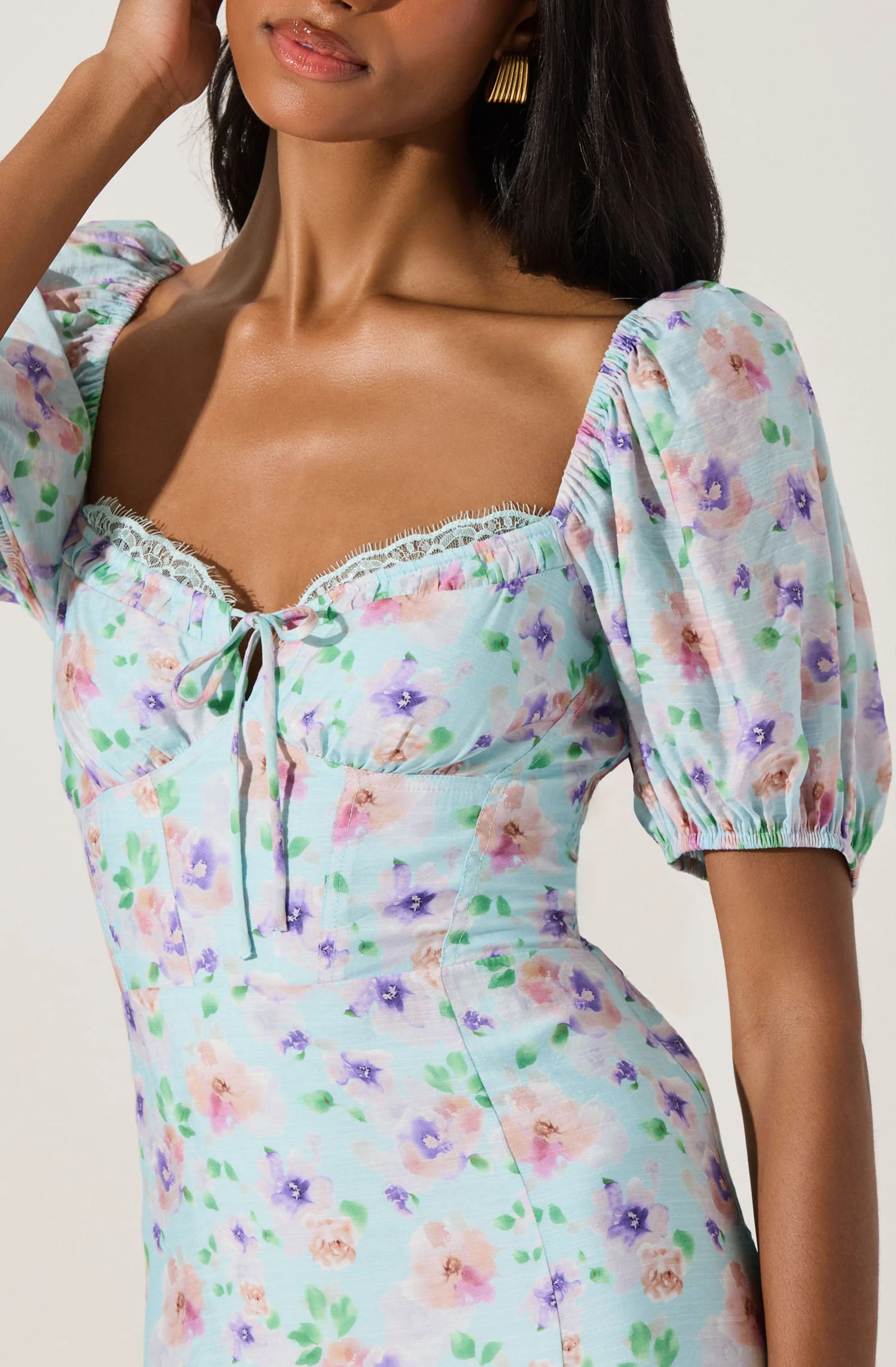 Lace Trim Bustier Floral Midi Dress
