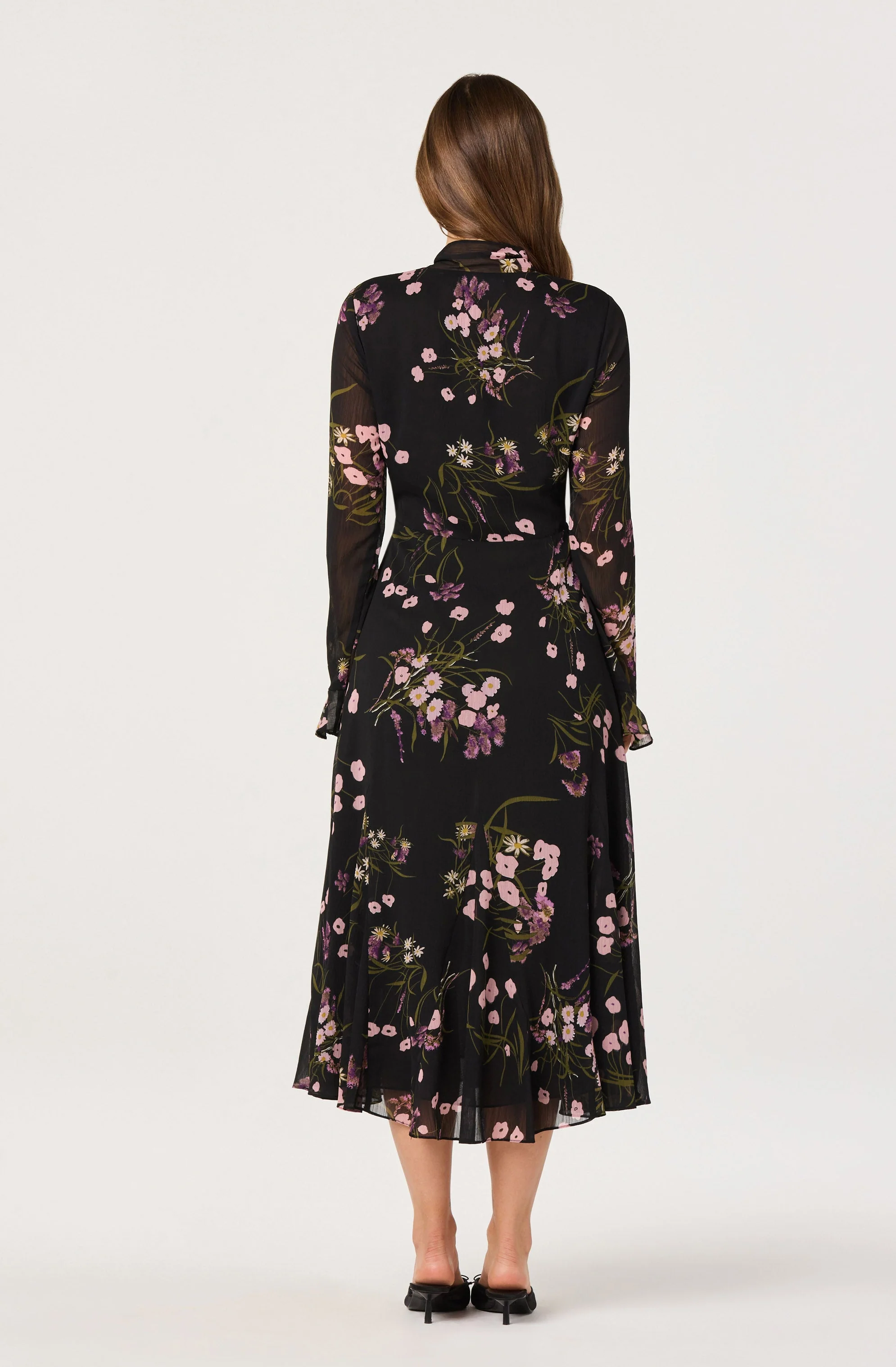 Tie-Neck Ruffled Floral Midi Dress