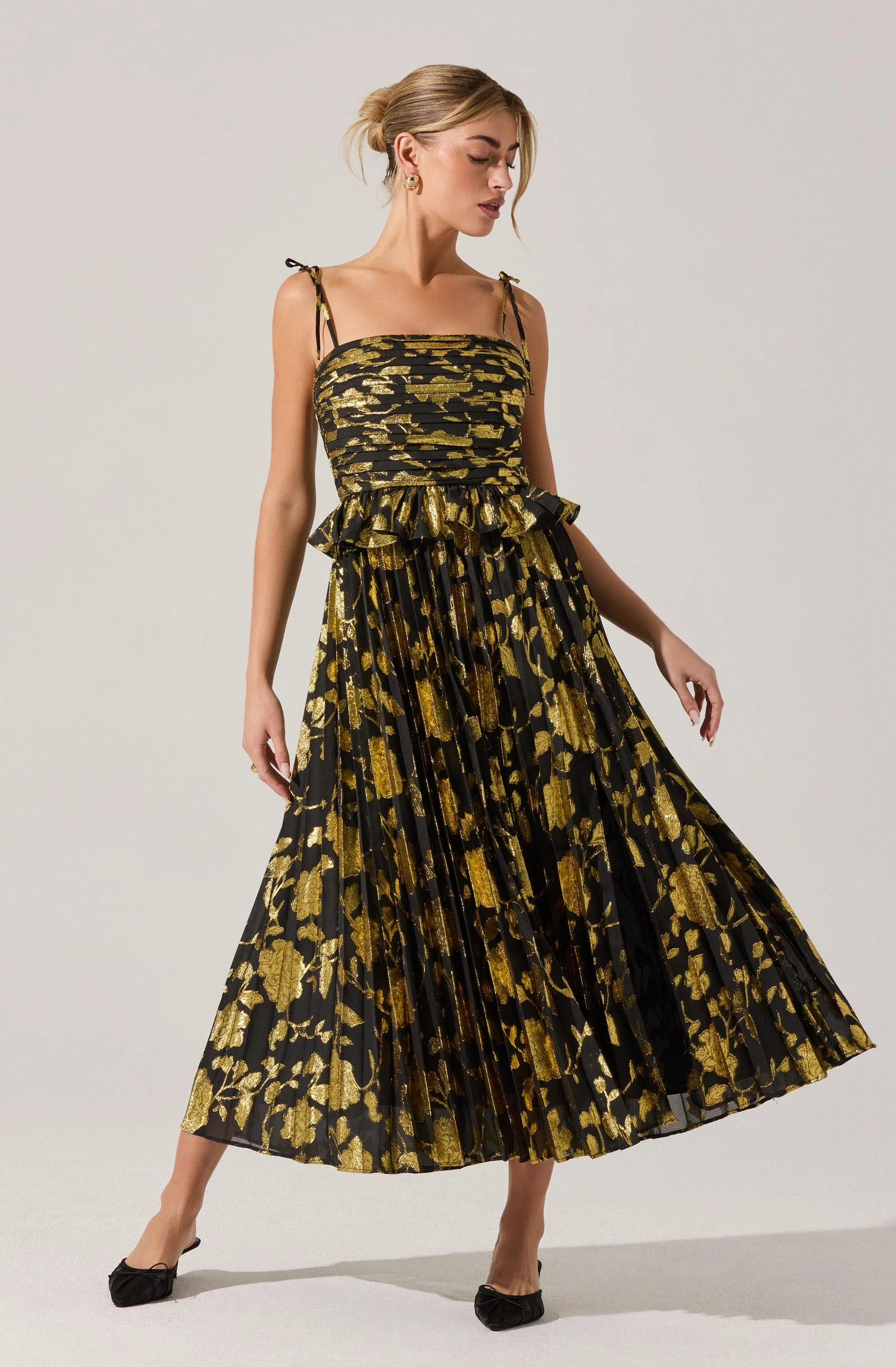 Emerys Pleated Metallic Floral Dress