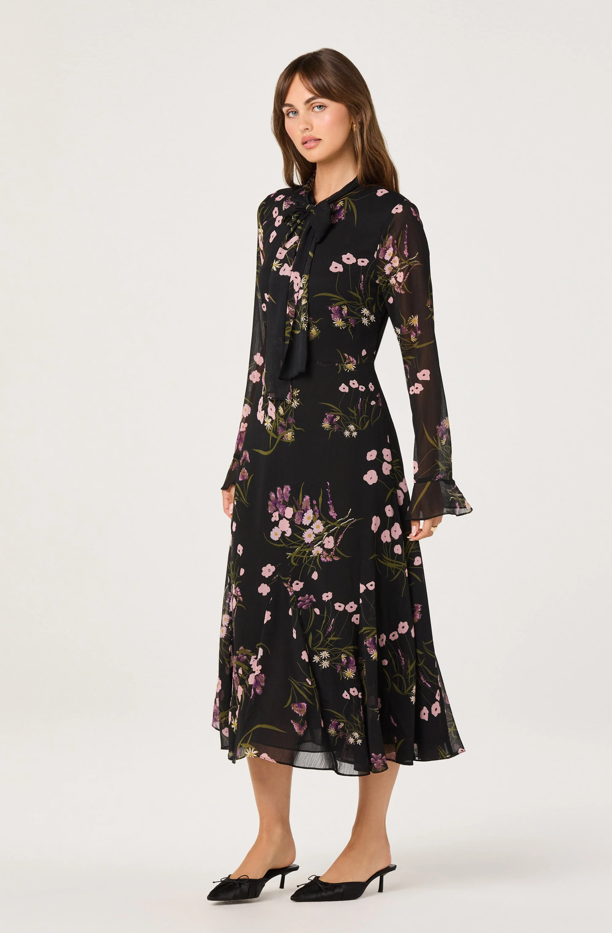 Tie-Neck Ruffled Floral Midi Dress