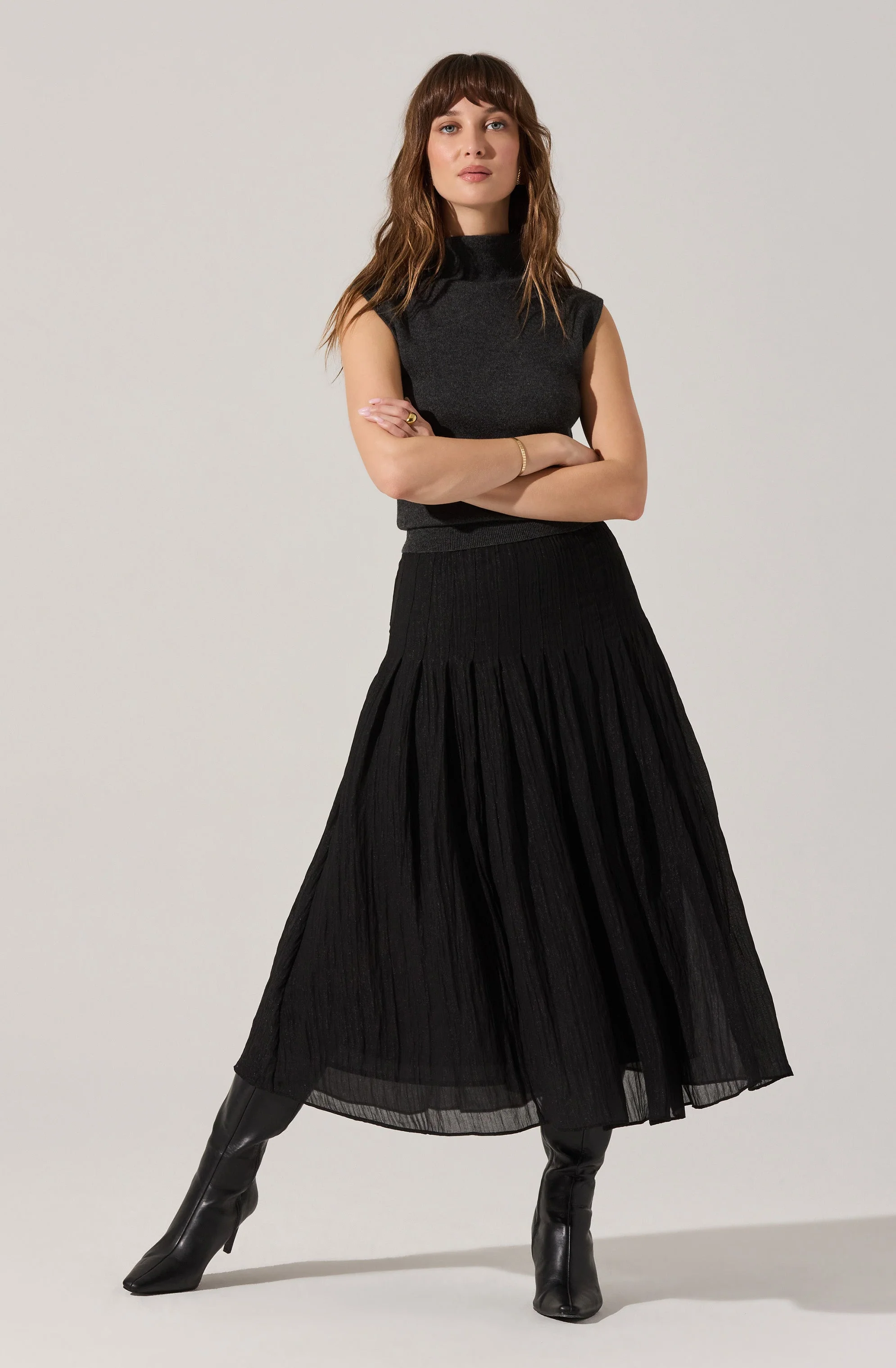 Daivini Pleated Crinkle Midi Skirt