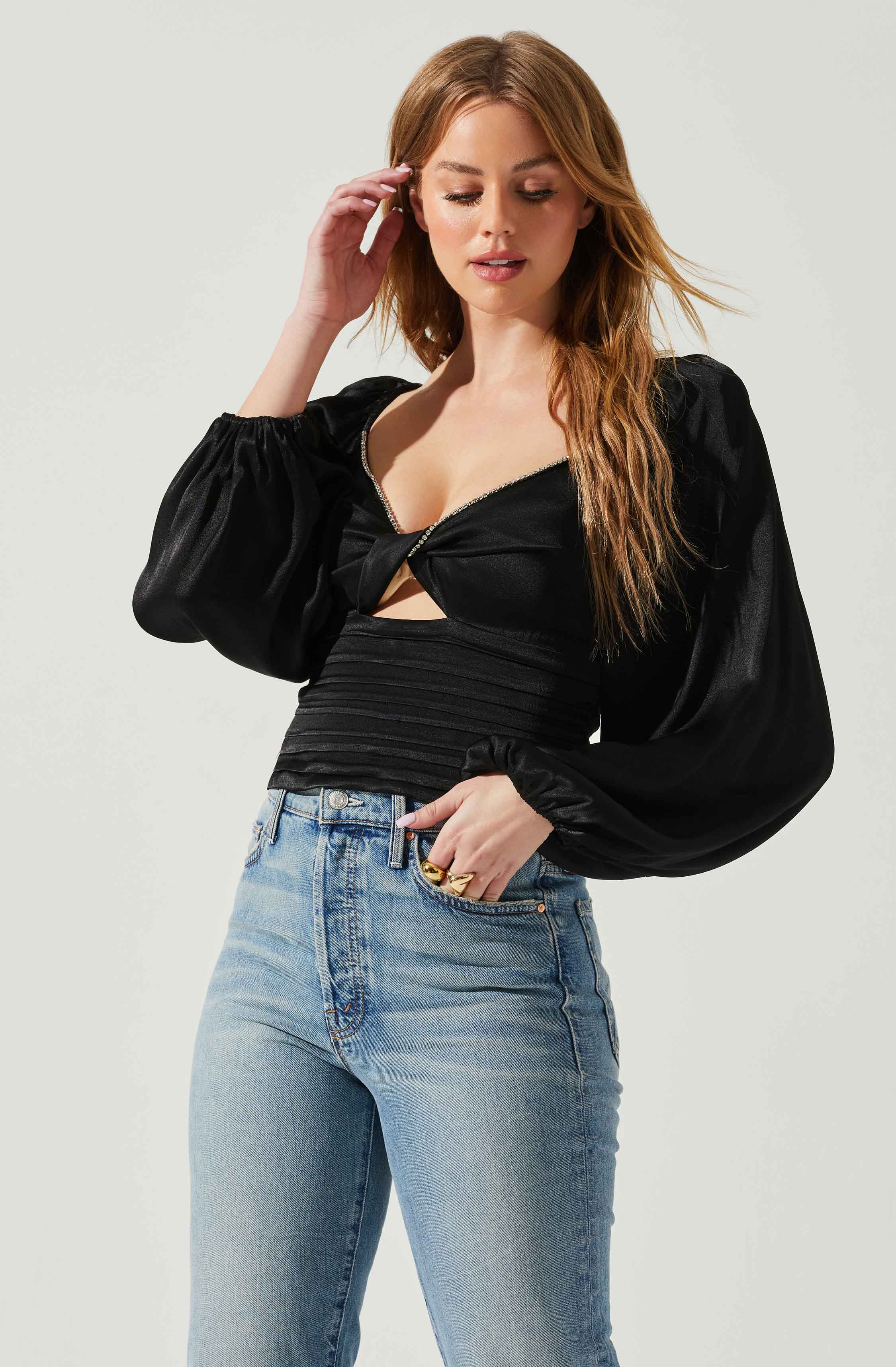 Yamuna Rhinestone Trim Long Sleeve Top