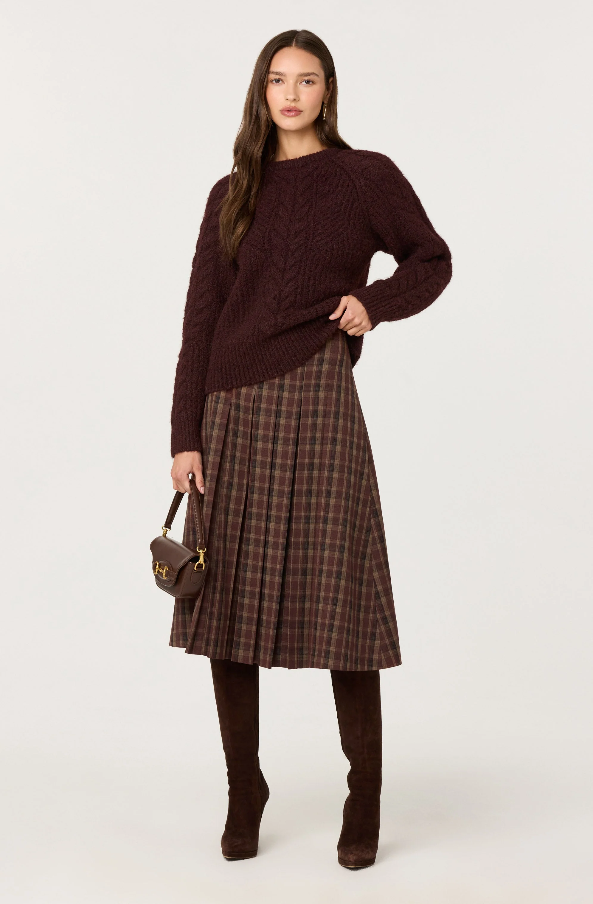 Vena Pleated Plaid Midi Skirt