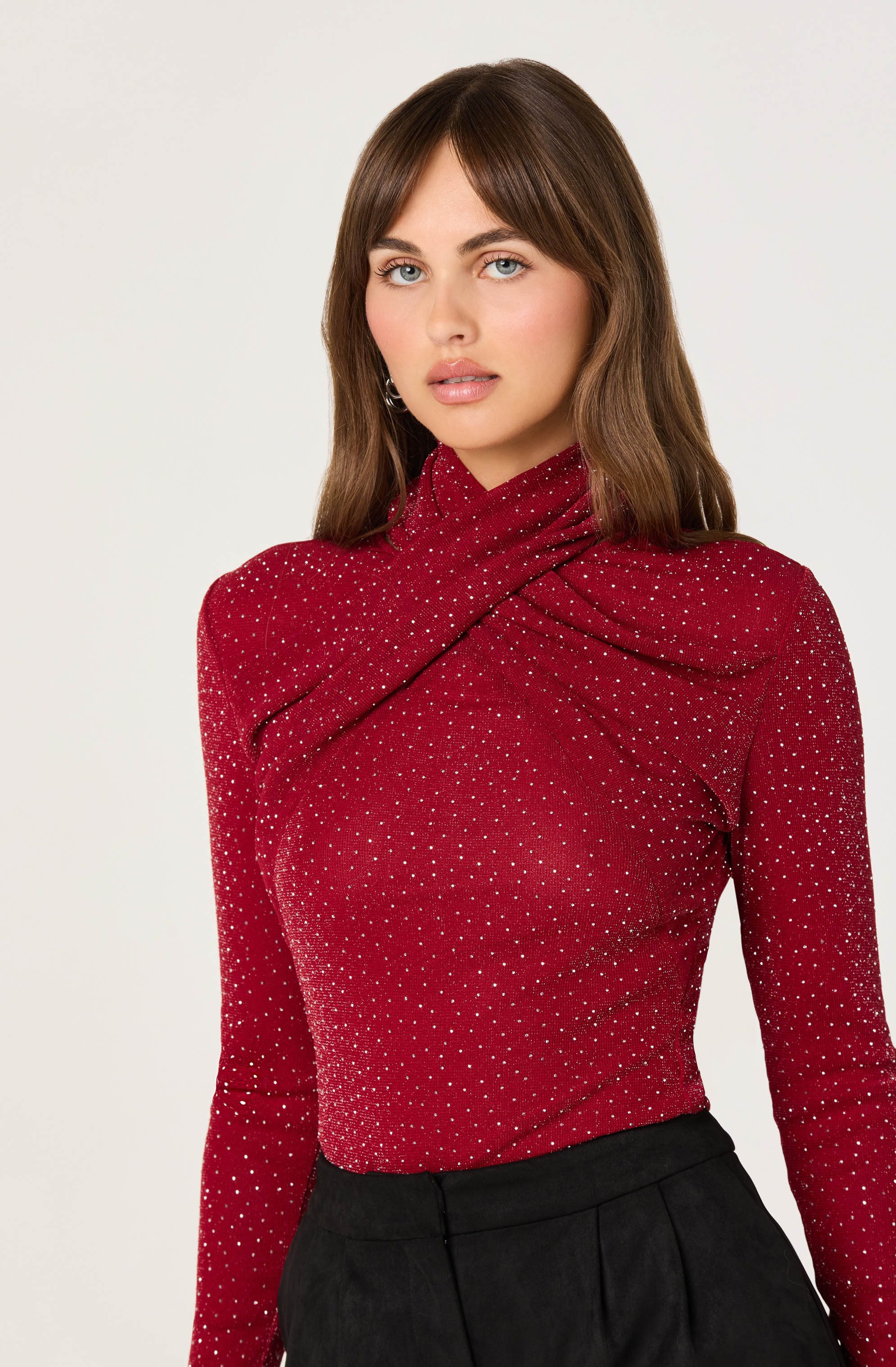 Embellished Crossover Mock Neck Top
