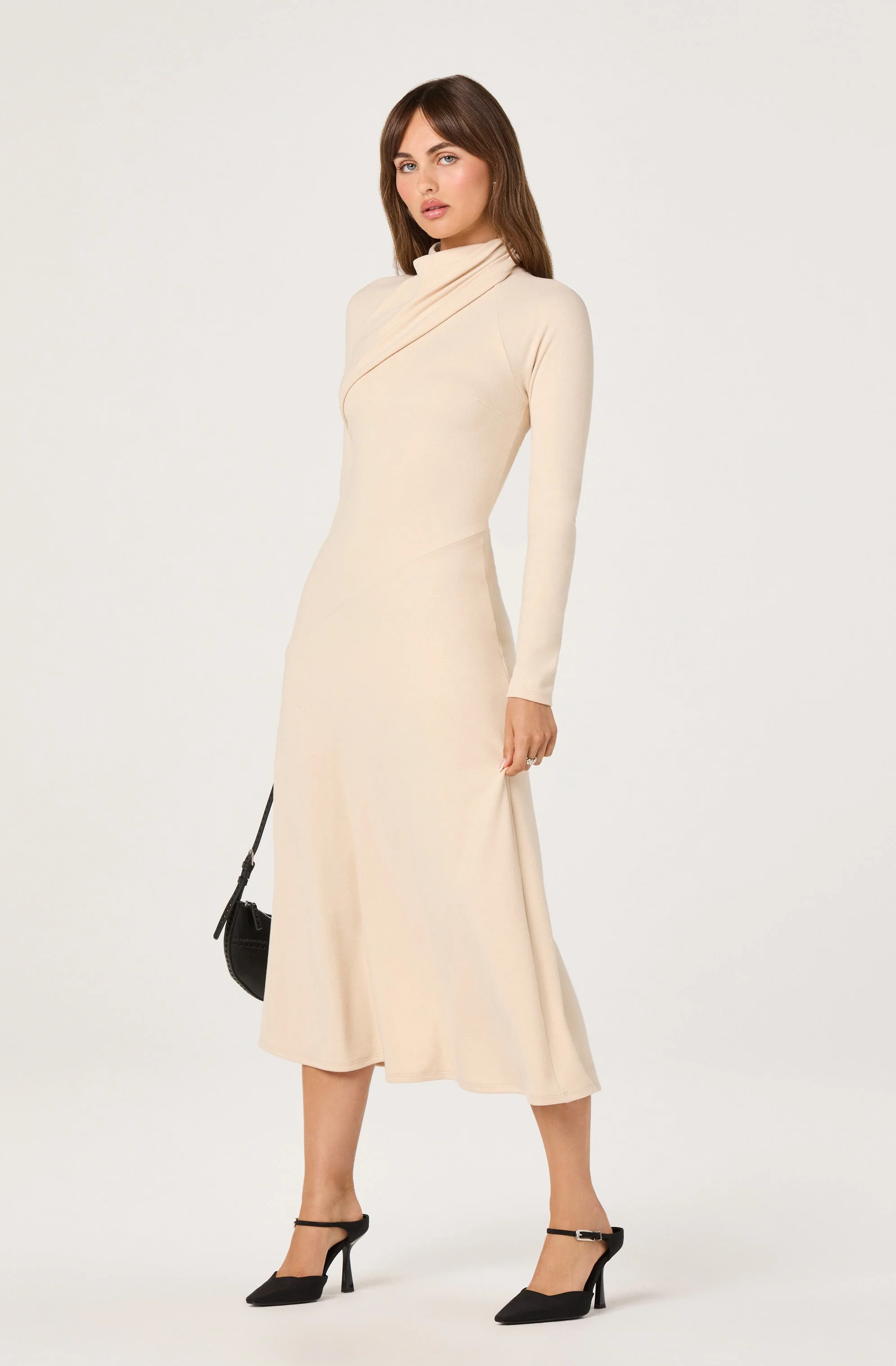 Asymmetric Draped Mock Neck Dress