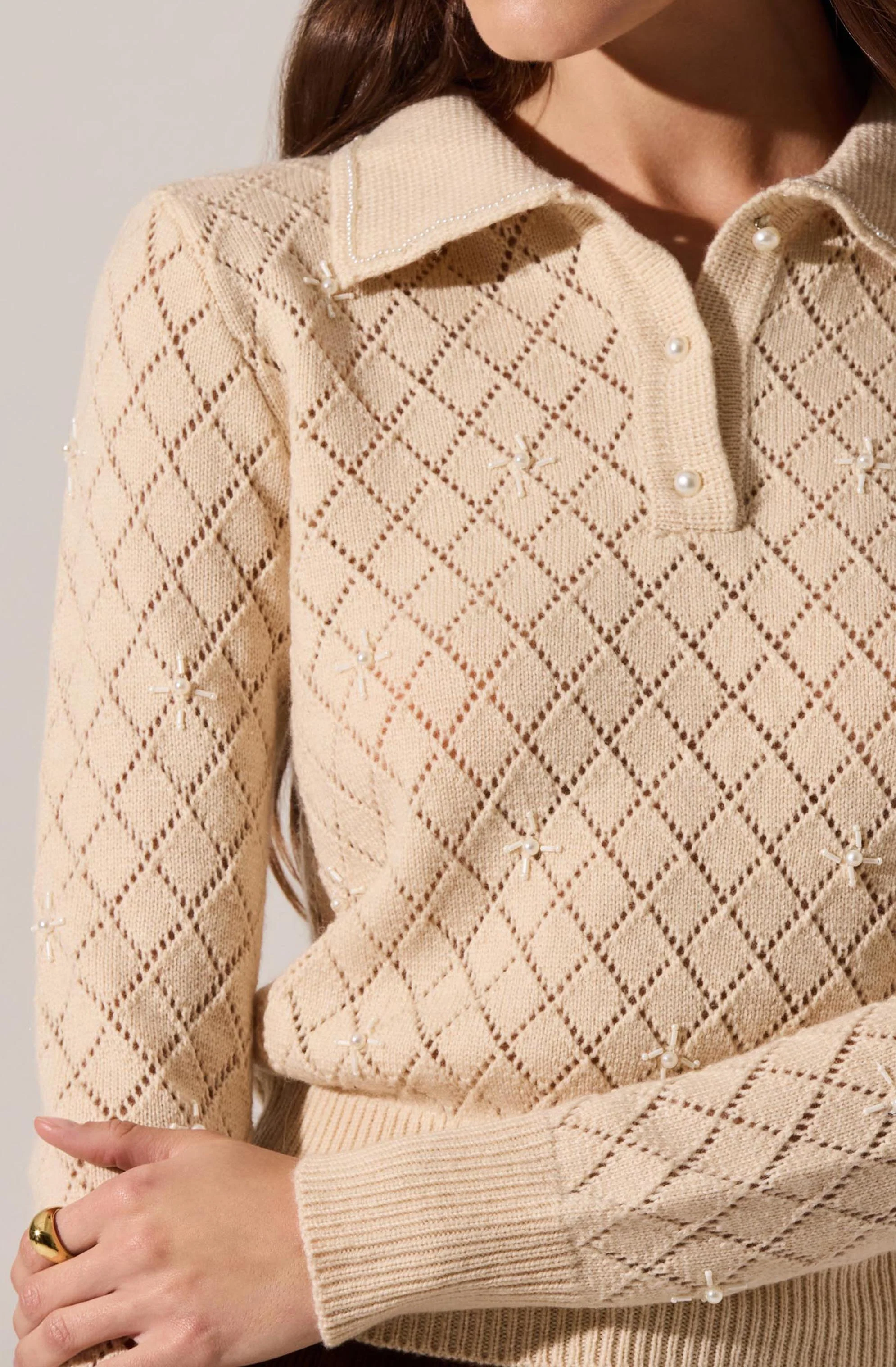 Aspyn Embellished Pointelle Polo Sweater