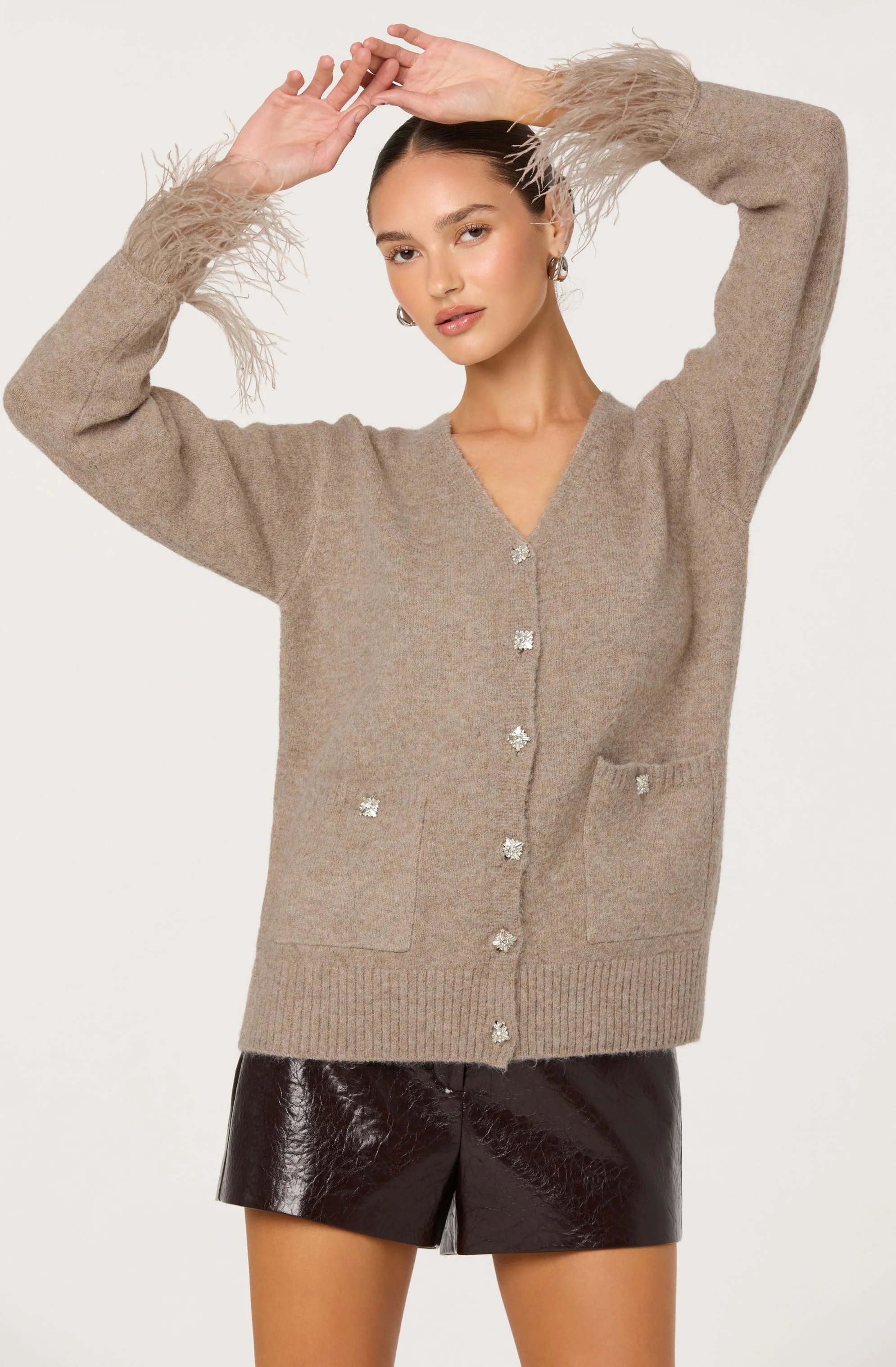 Grie Embellished Feather Trim Cardigan