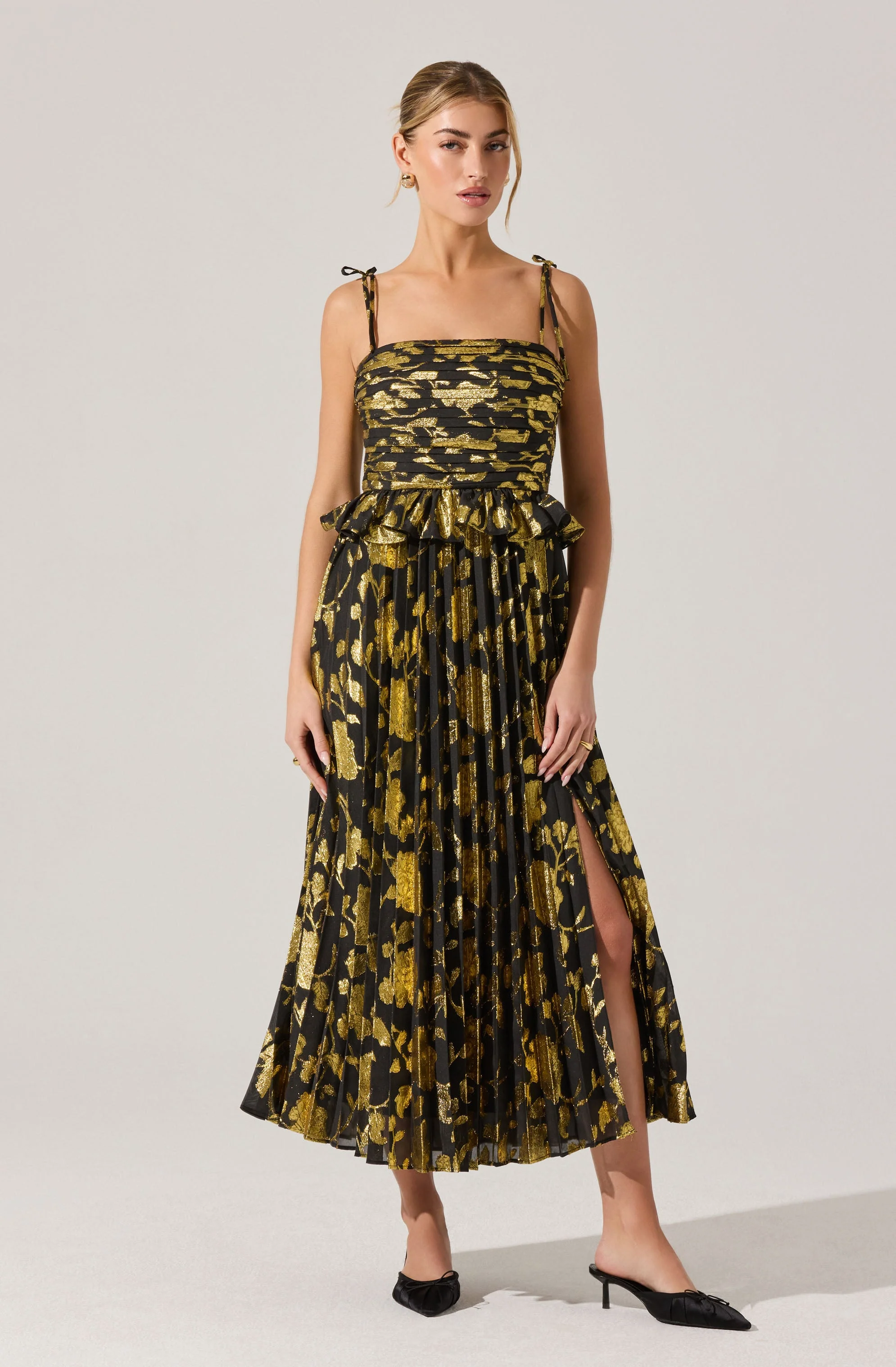 Emerys Pleated Metallic Floral Dress