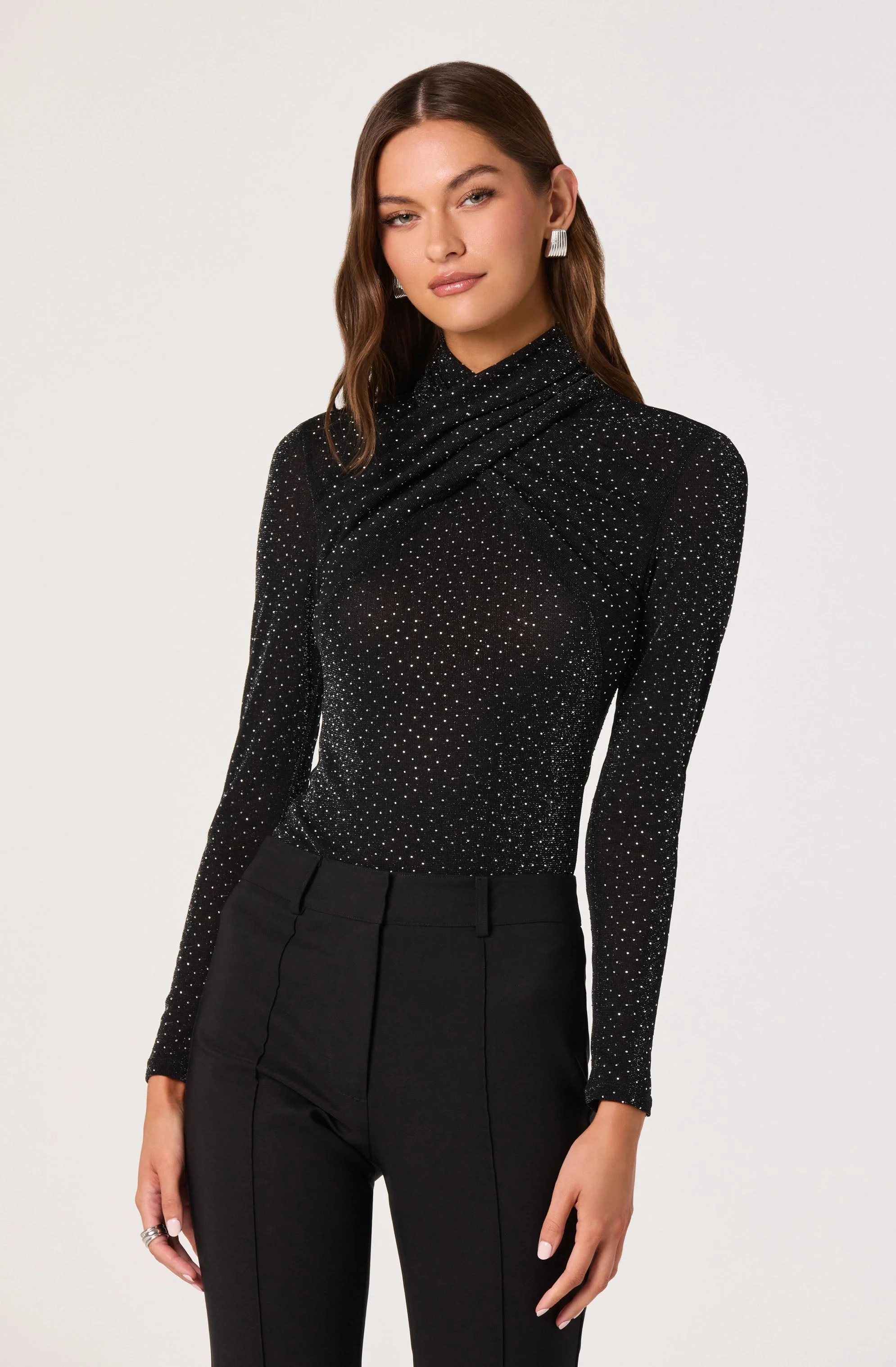 Embellished Crossover Mock Neck Top