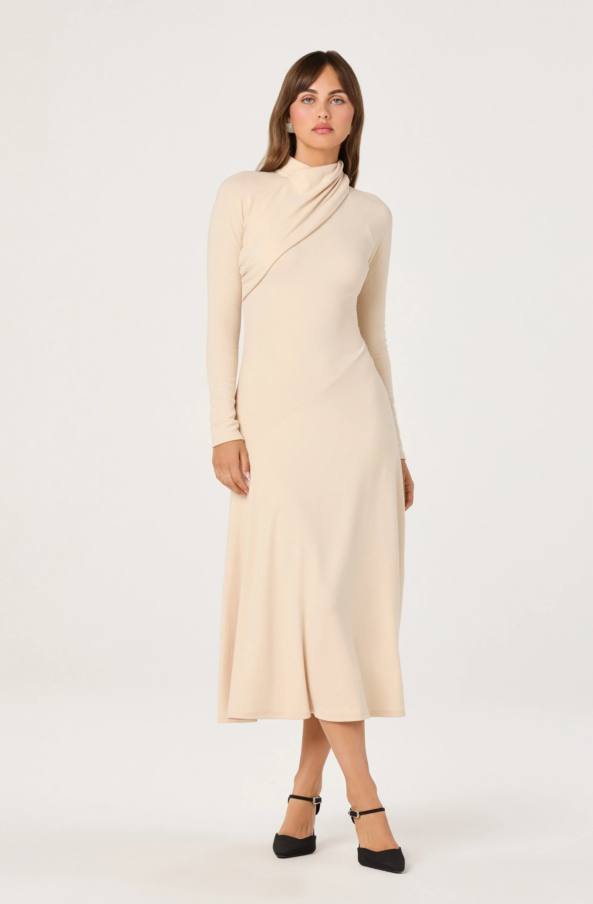 Asymmetric Draped Mock Neck Dress