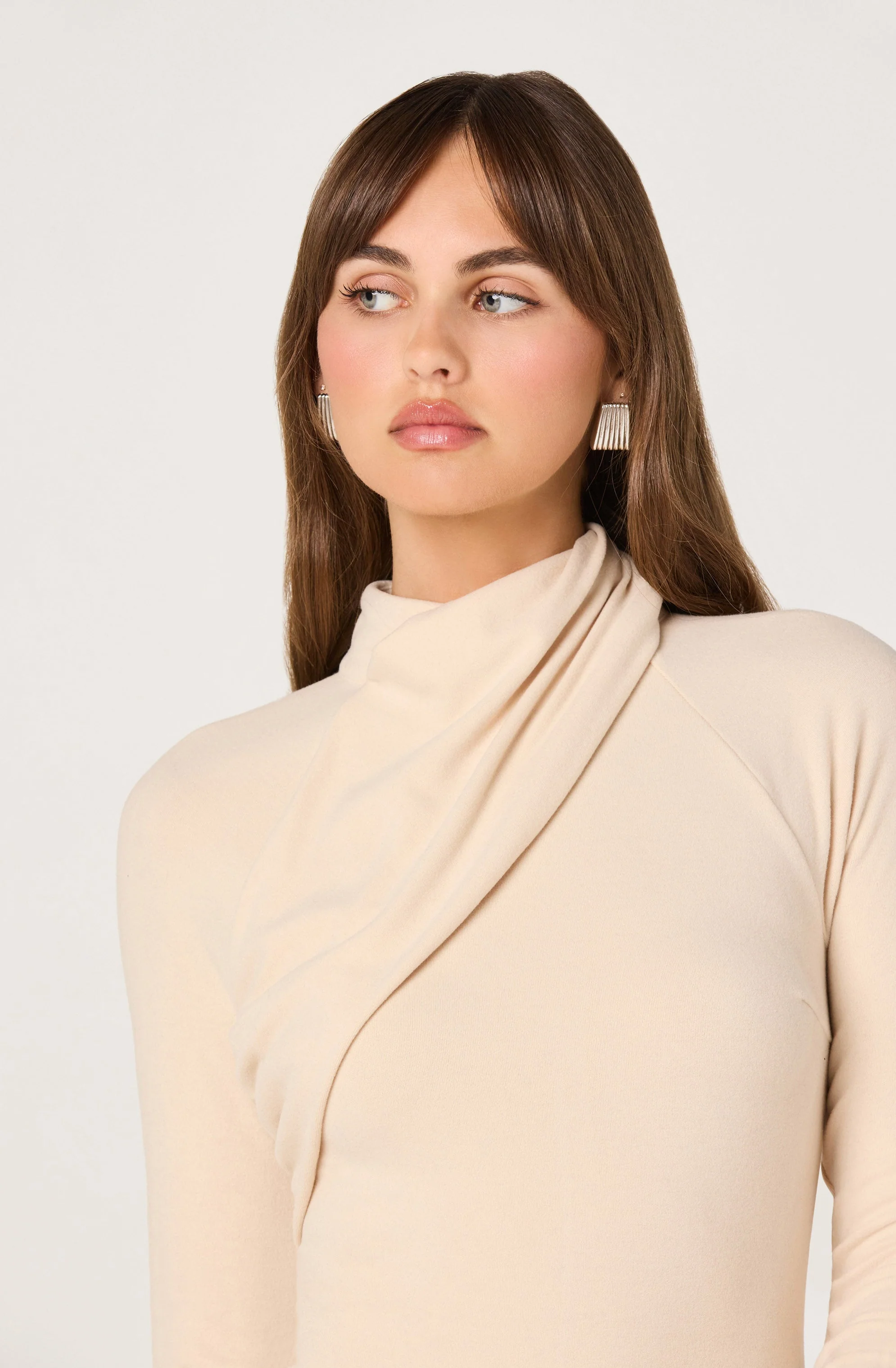 Asymmetric Draped Mock Neck Dress