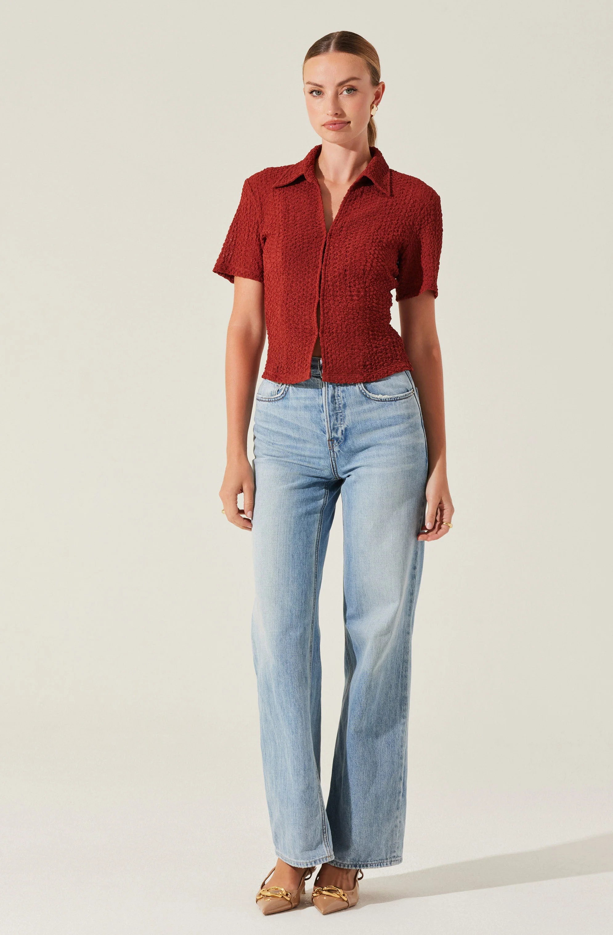 Textured Collared Hook-Closure Top