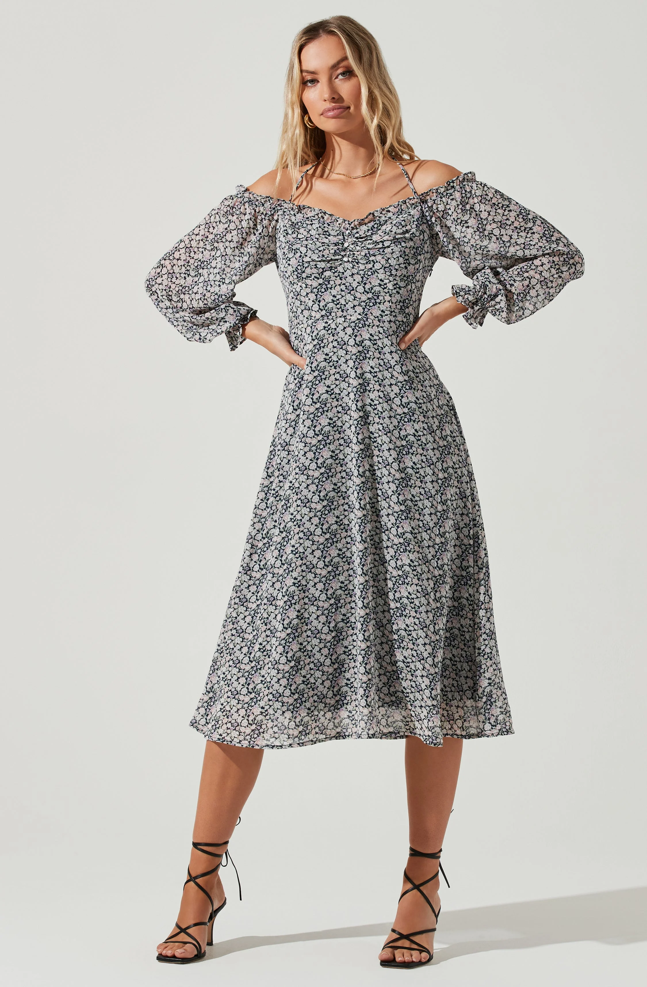 Off Shoulder Long Sleeve Cinched Bust Midi Dress