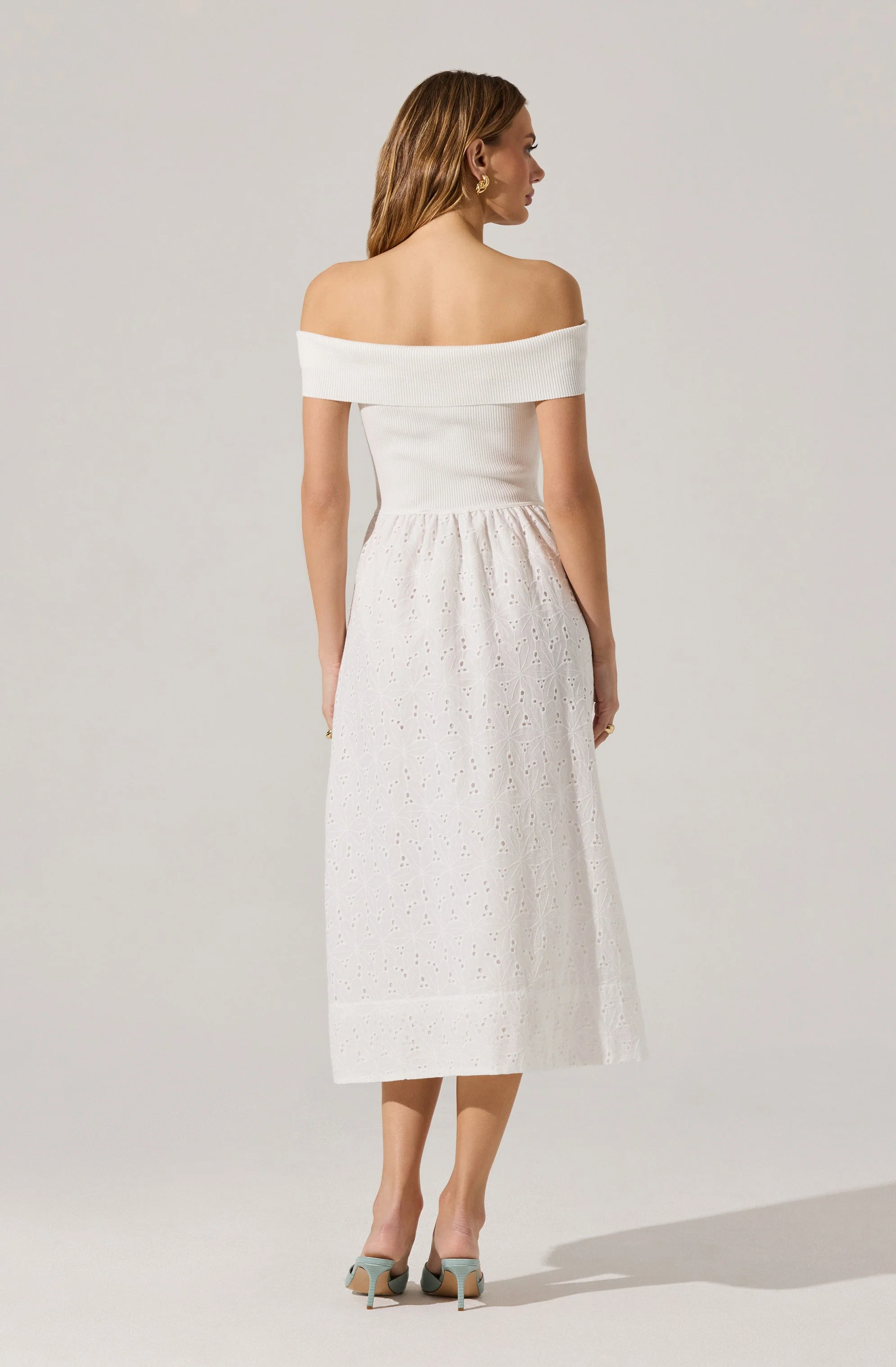 Off Shoulder Eyelet Midi Dress