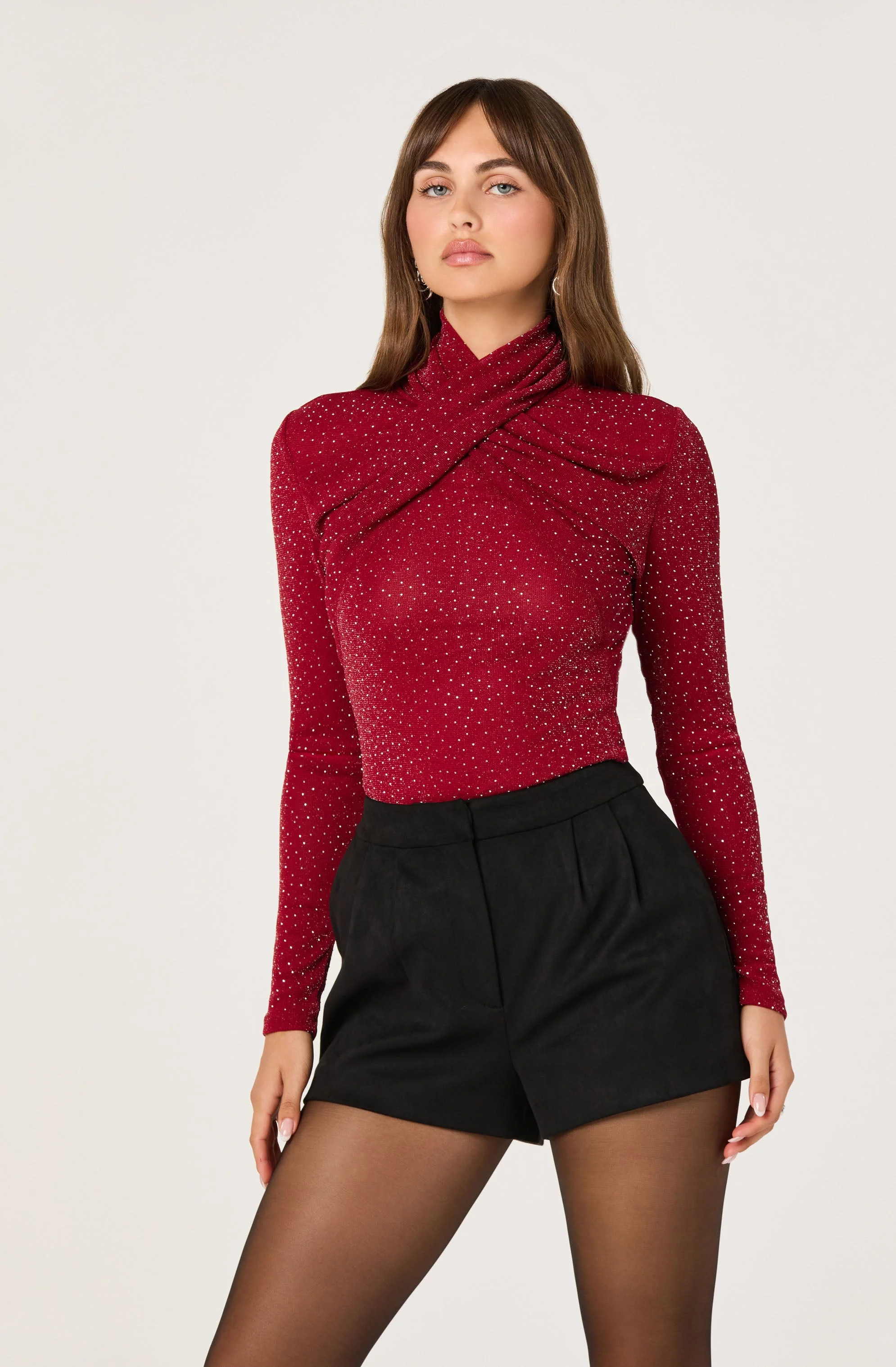 Embellished Crossover Mock Neck Top