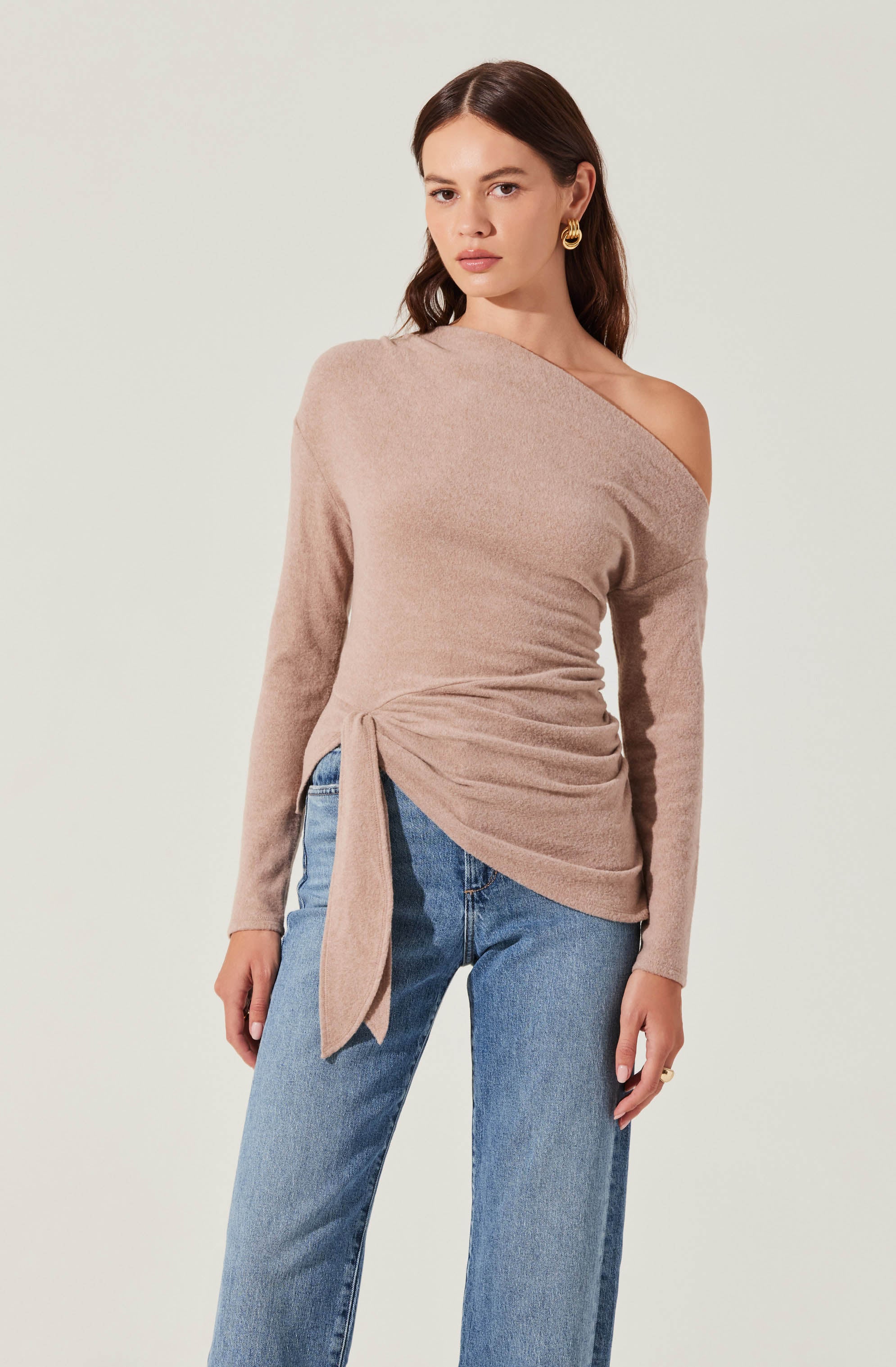 Asymmetrical Off Shoulder Tie Knit Top
