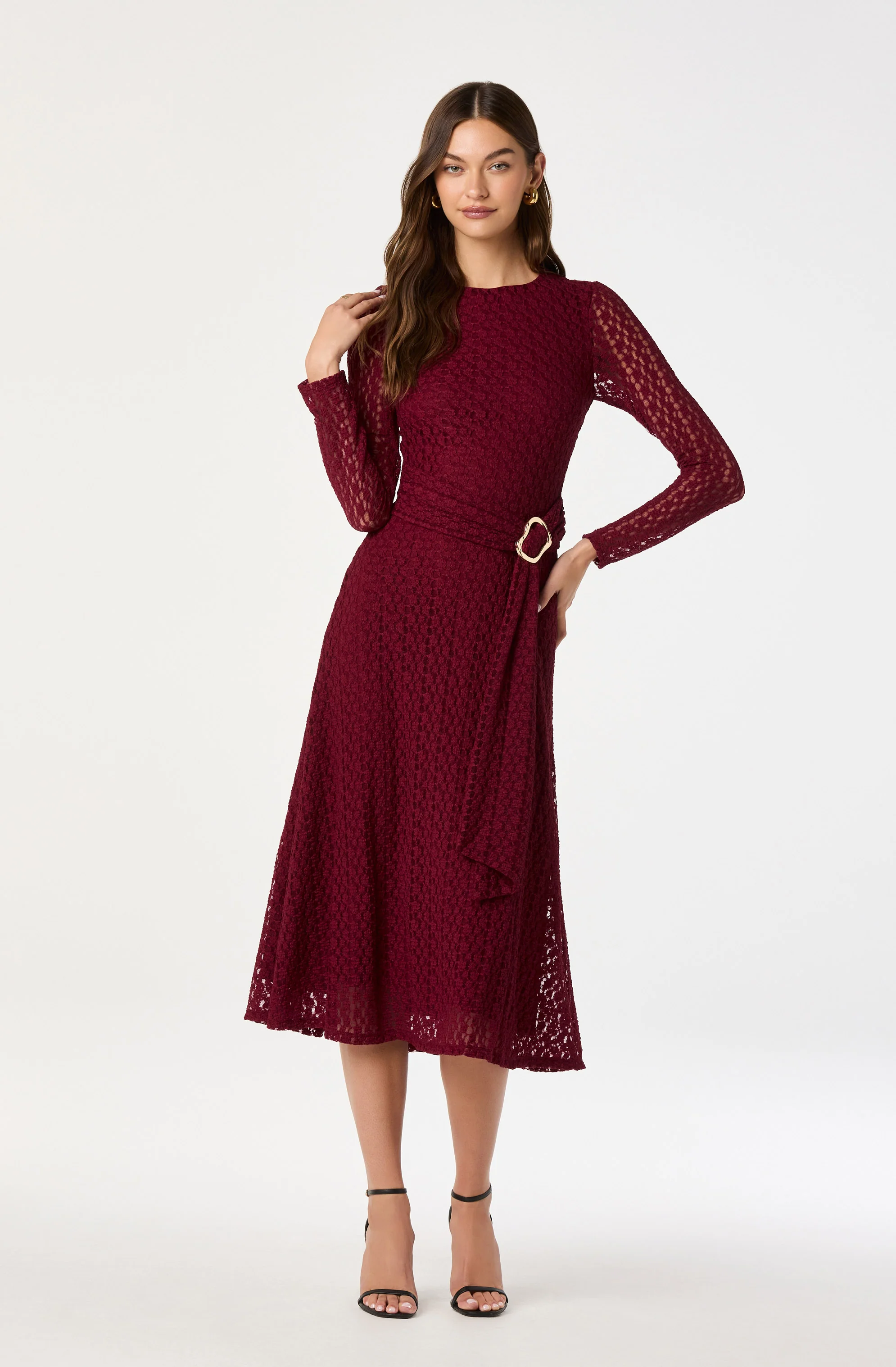 Belted Lace Midi Dress