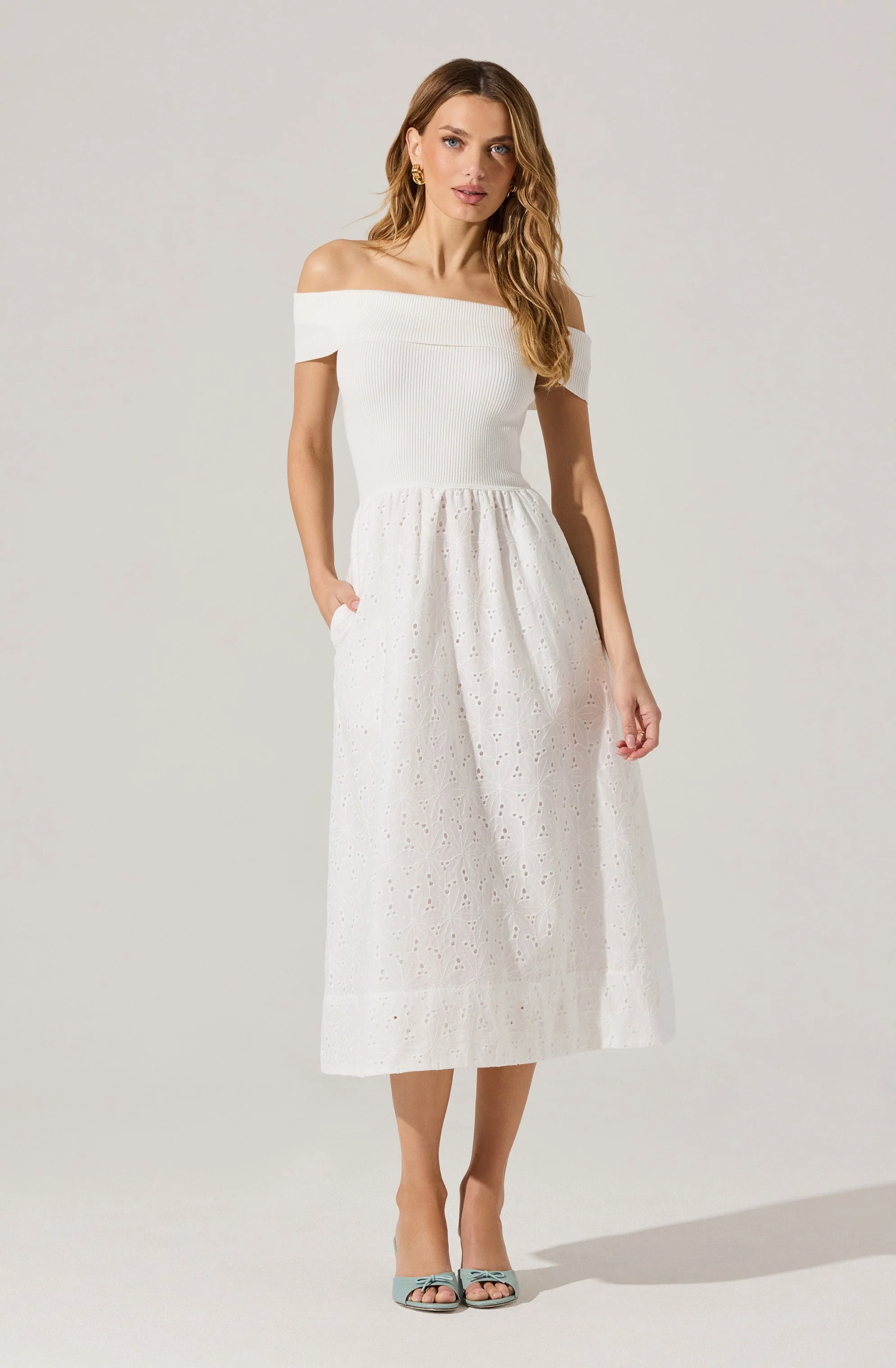 Off Shoulder Eyelet Midi Dress