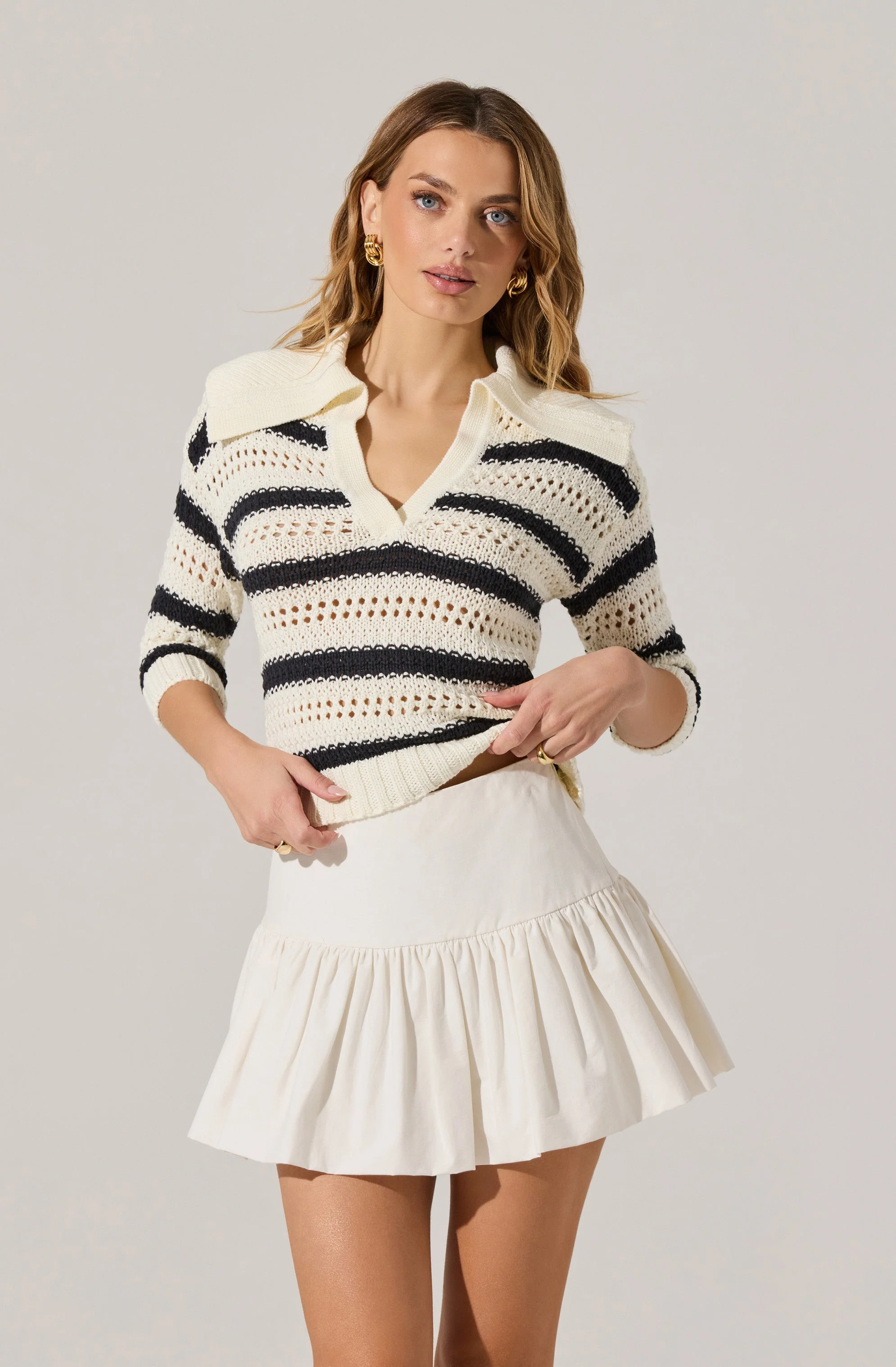 Striped Open Knit Polo Sweater