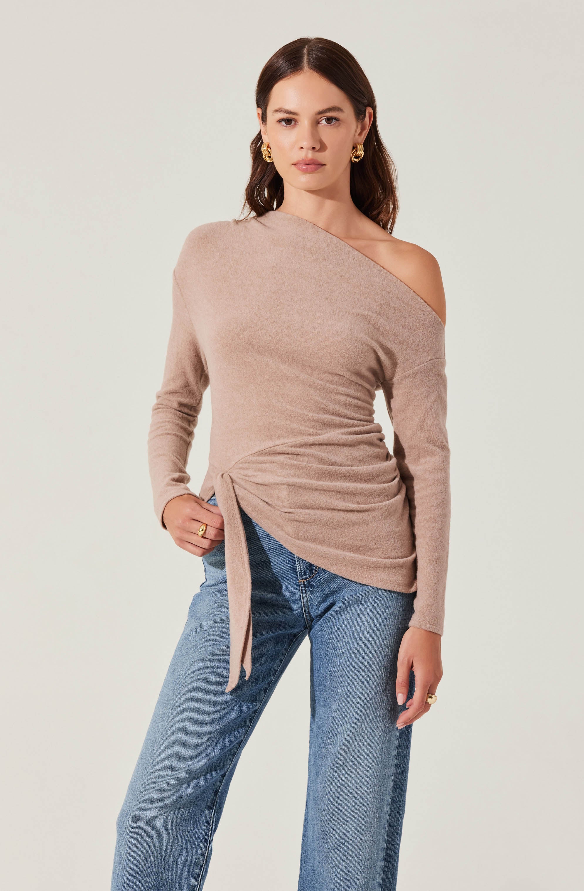 Asymmetrical Off Shoulder Tie Knit Top
