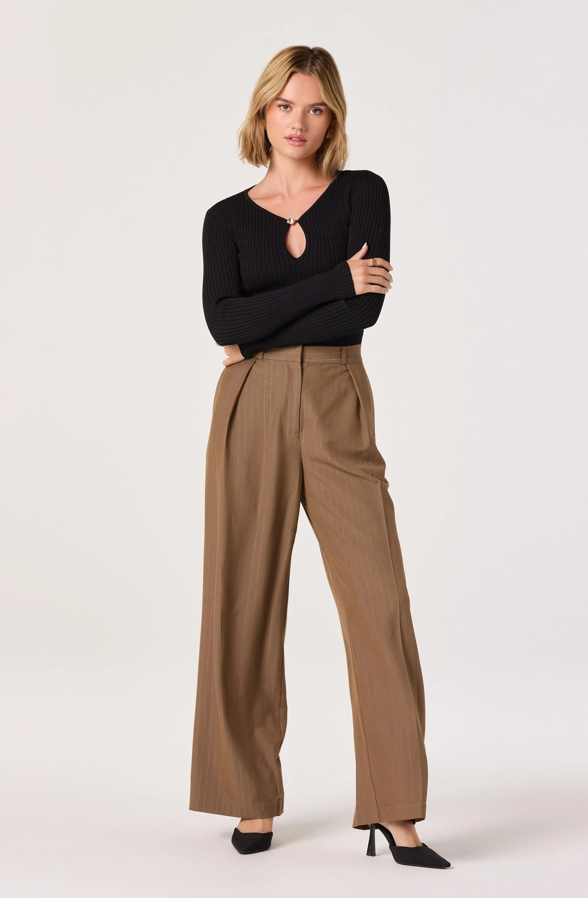 Pleated Metallic Pinstripe Trouser