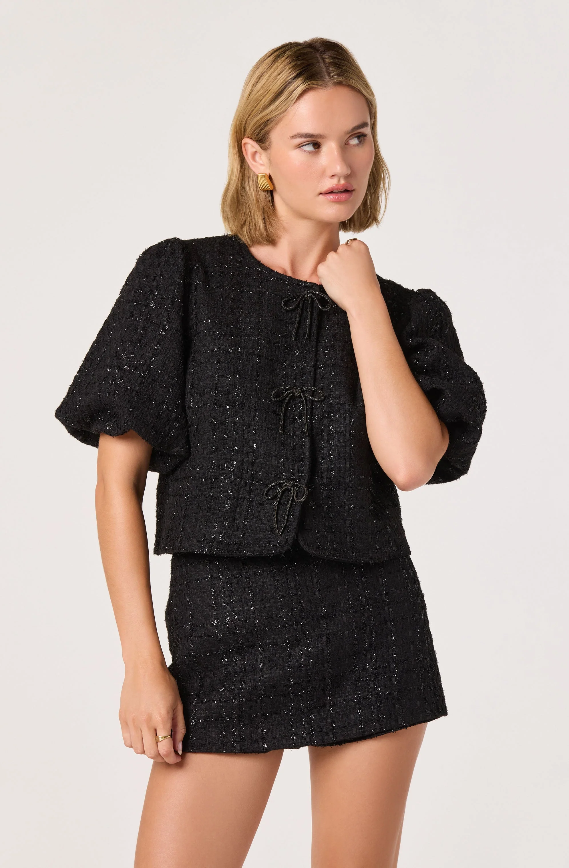 Tweed Puff Sleeve Bow Jacket